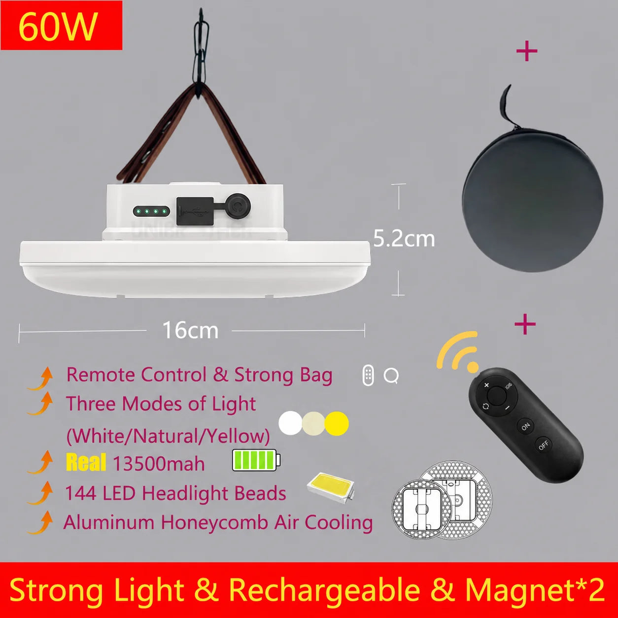 13500mAh Remote Control LED Rechargeable Camping Lantern Magnet Strong Light Portable Flashlights Tent Lights with Case Bag