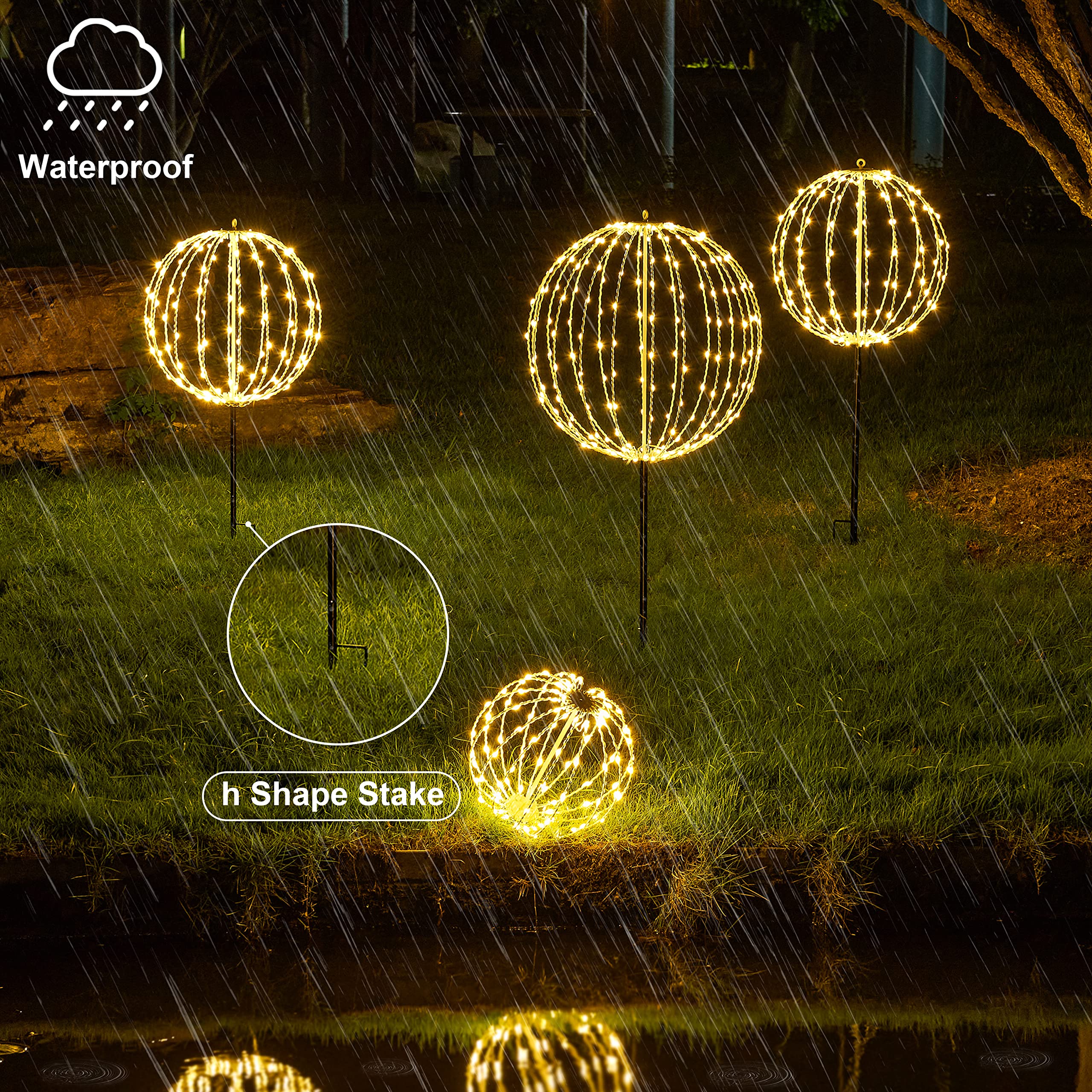 LIGHTSHARE 16IN LED Light Ball Garden Pathway Decoration, Waterproof, White Frame, Warm White Lights
