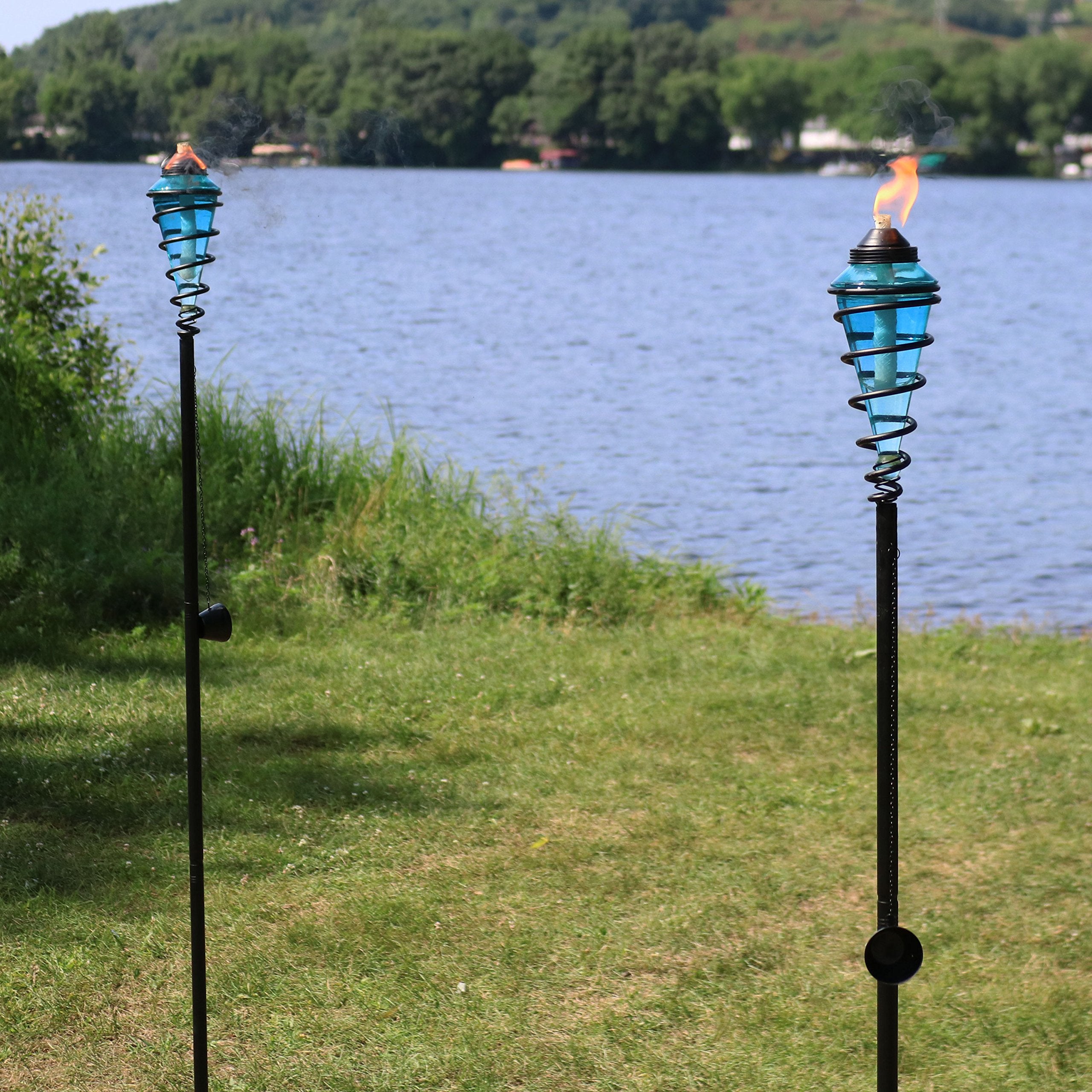 Sunnydaze Glass Patio Torch Set of 2 - Adjustable 25in to 66in Height - Blue - Steel - Model WKO-158