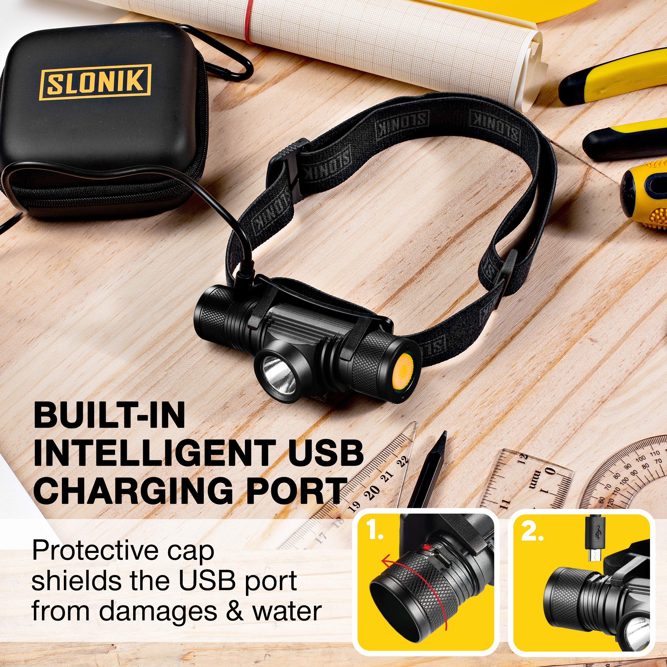 SLONIK Rechargeable Headlamp - 1000 Lumens, IPX8 Waterproof, Gray, Model SLK-HD-10W-G2-GR, Lightweight LED Flashlight for Camping & Running