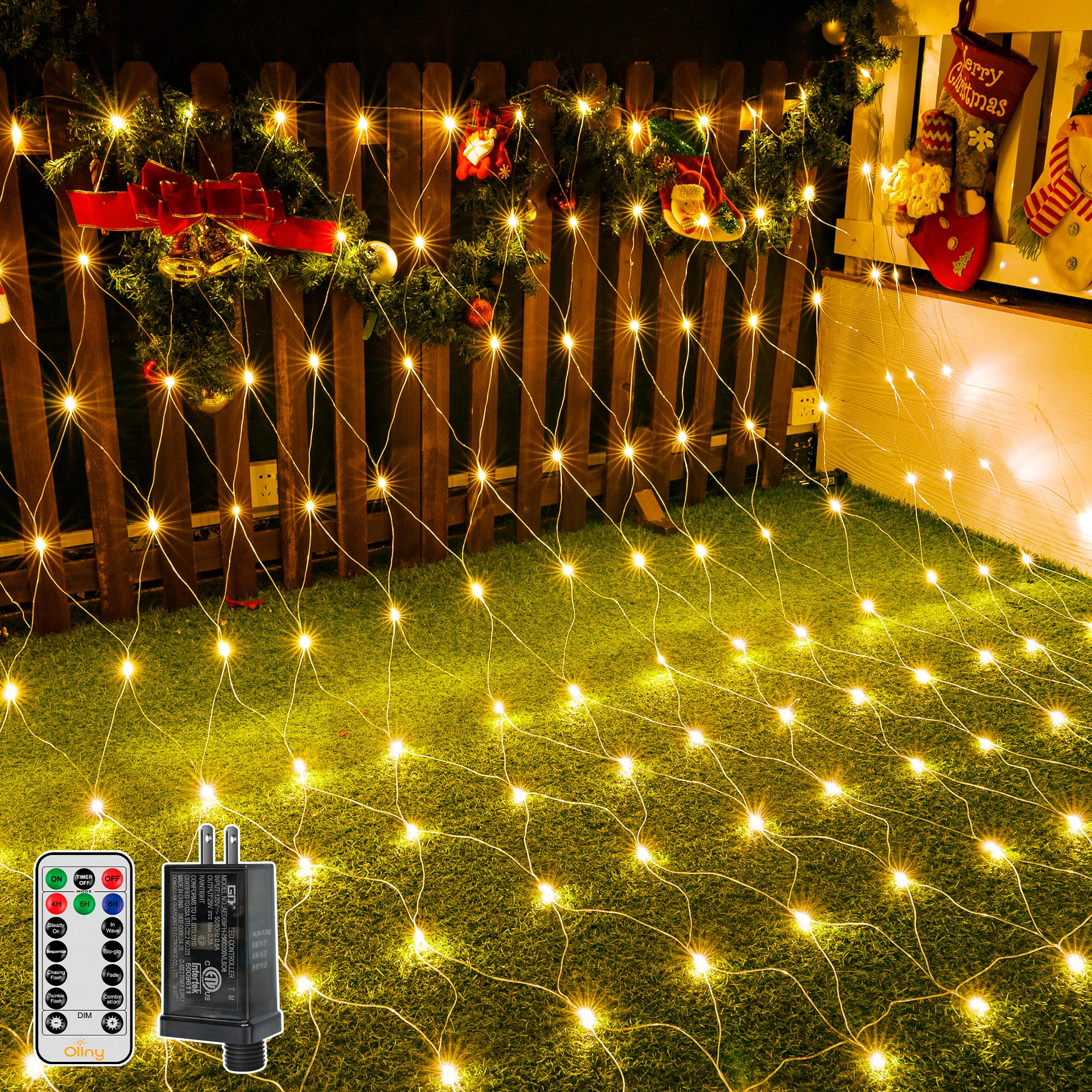 Ollny Net Lights Outdoor Mesh Light 10x7ft, 210LED Connectable Christmas Net Lights with 8 Modes, IP67 Waterproof Bush Light for