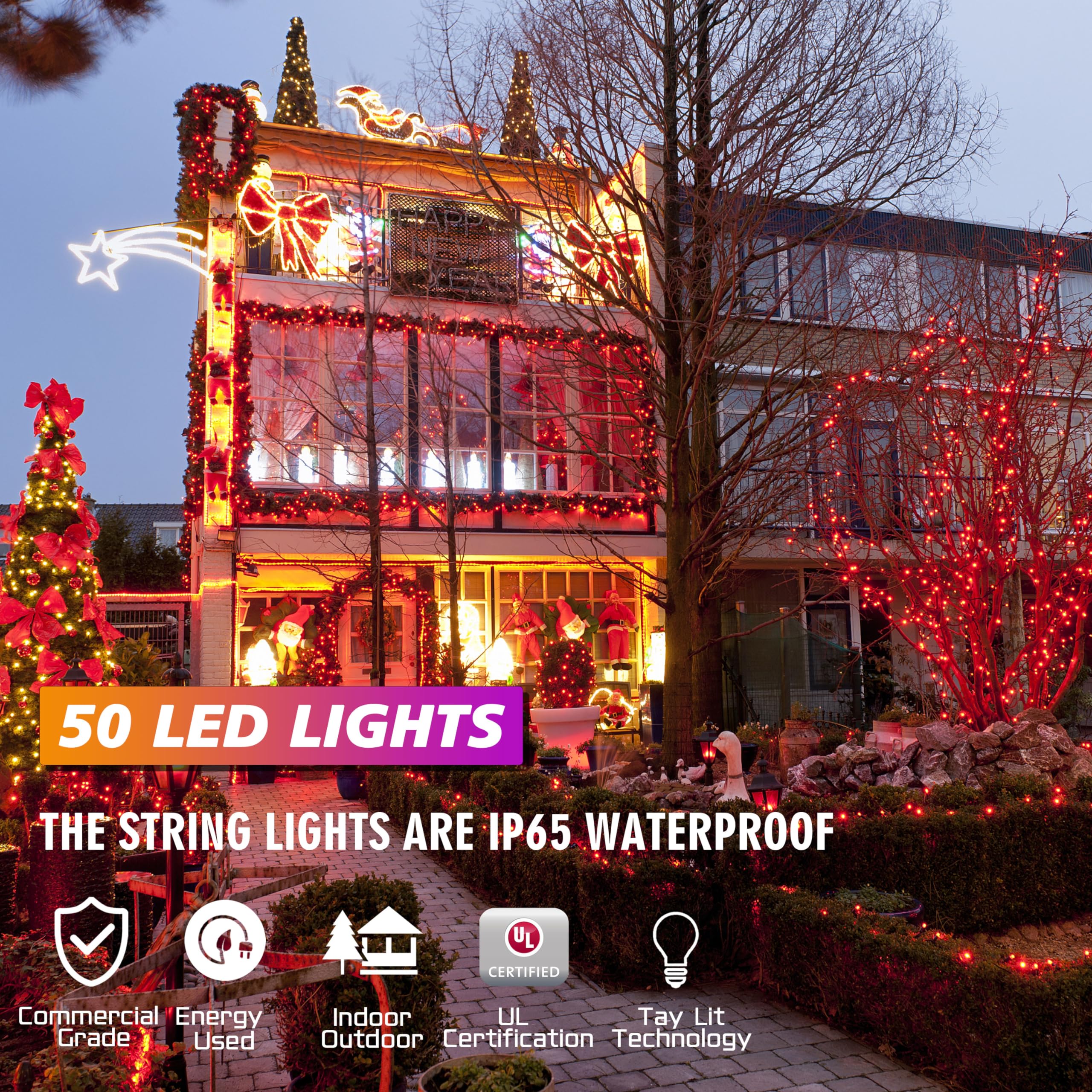 Justpro 25Ft 50 Counts Red Led Christmas Lights - Commercial Grade Red Christmas Lights Outdoor Waterproof,Led Lights 5Mm Wide Angle Green Wire, Xmas Tree Lights, Ip65, Ul
