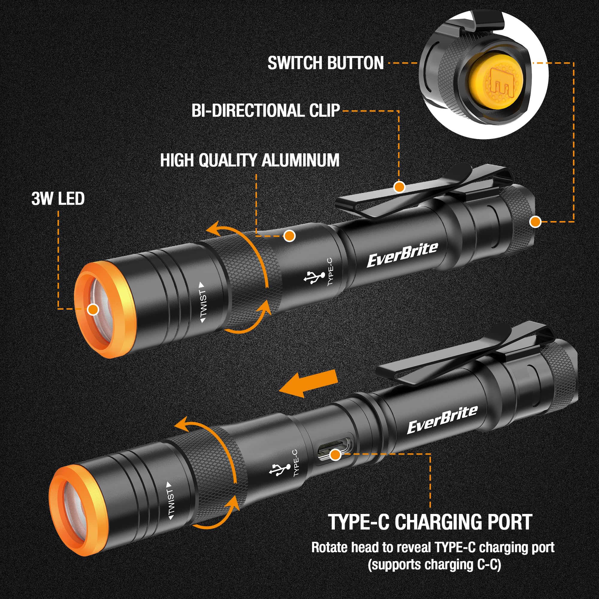EverBrite Mini Pen Light - Rechargeable 300 Lumens Flashlight, 4 Light Modes, Black, Aluminum, Model E101120AE