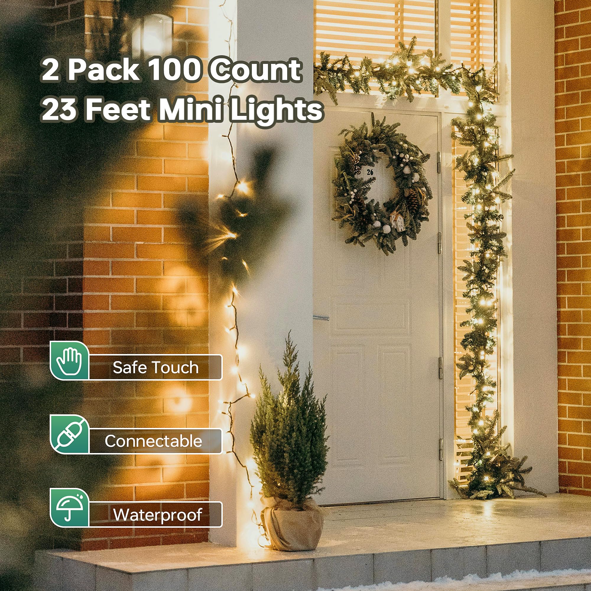 Youngar Christmas Lights, Clear Outdoor Lights,2 Pack 23Ft 100 Green Wire Lights Connectable Incandescent Mini Light,Ul Approved