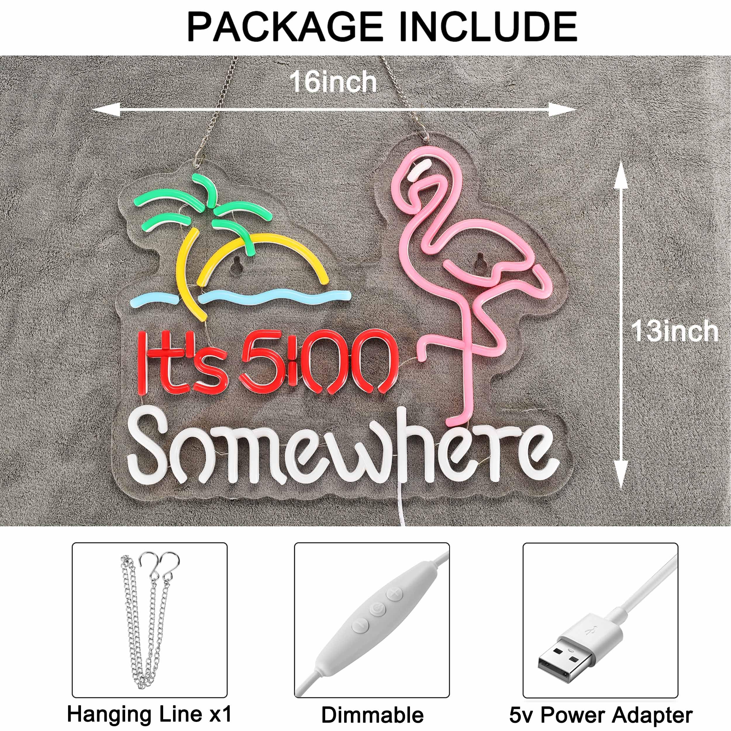 Roouneon Flamingo Its 5 00 O'Clock Somewhere Neon Sign For Wall Décor Dimmable Led Bar Beer Neon Light Usb Powered Neon Art Signs