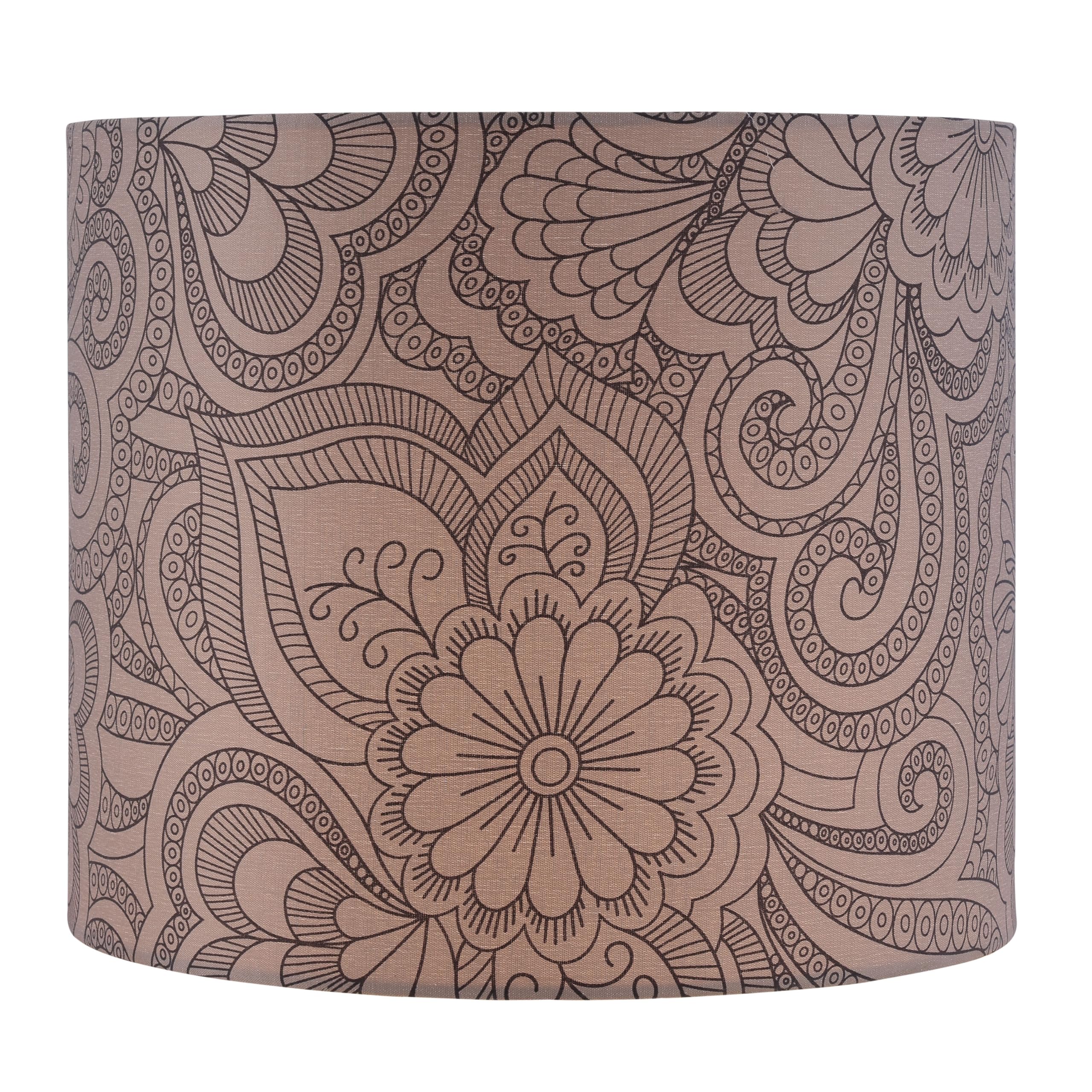 Aspen Creative Drum Lamp Shade, 12in Wide, Beige with Black Floral Design, Model 31108, Tetoron/Cotton Material