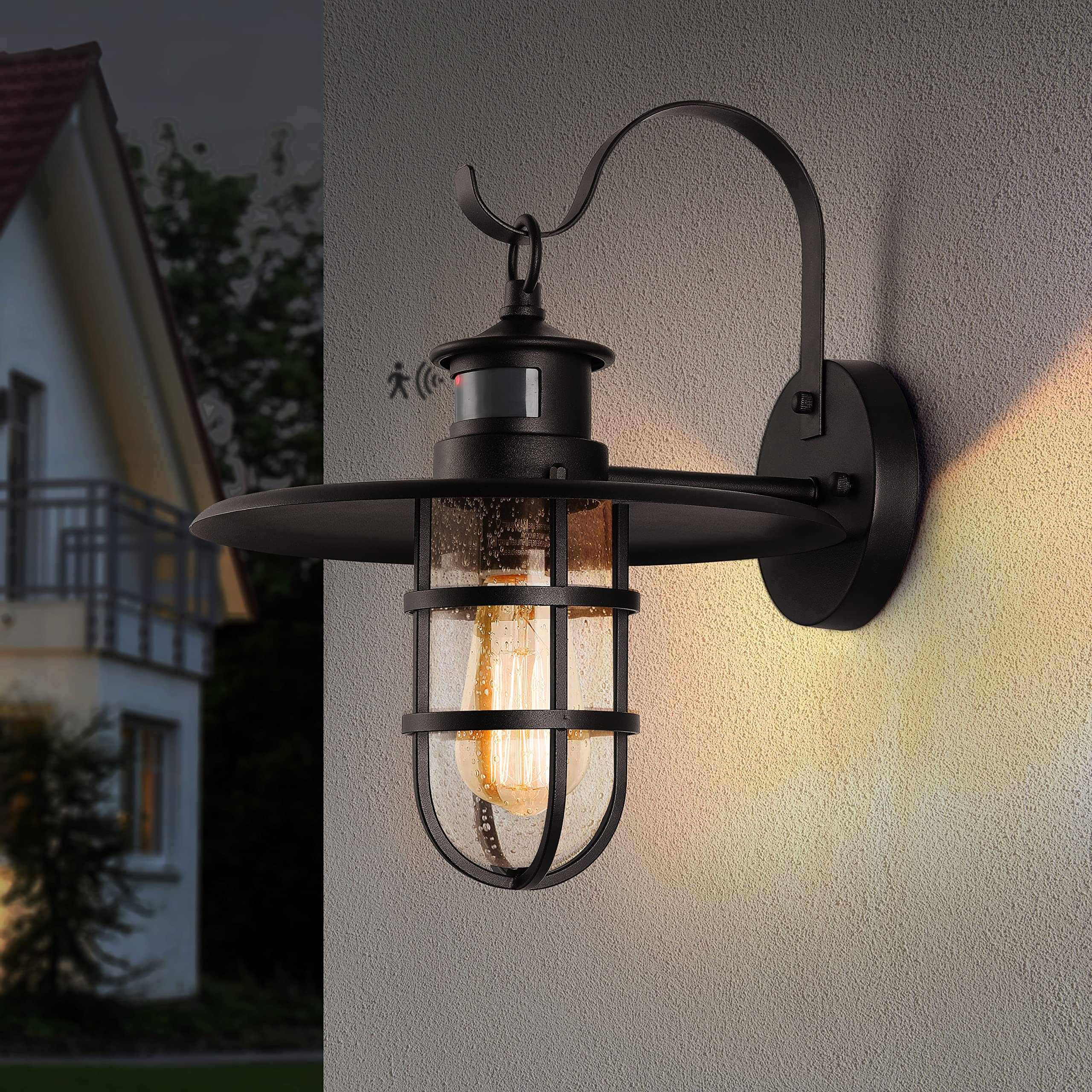 Motion Sensor Outdoor Wall Light Fixture,12Inch Conical Shade Waterproof Dusk to Dawn Porch Lantern Wall Mount for Entryway Door
