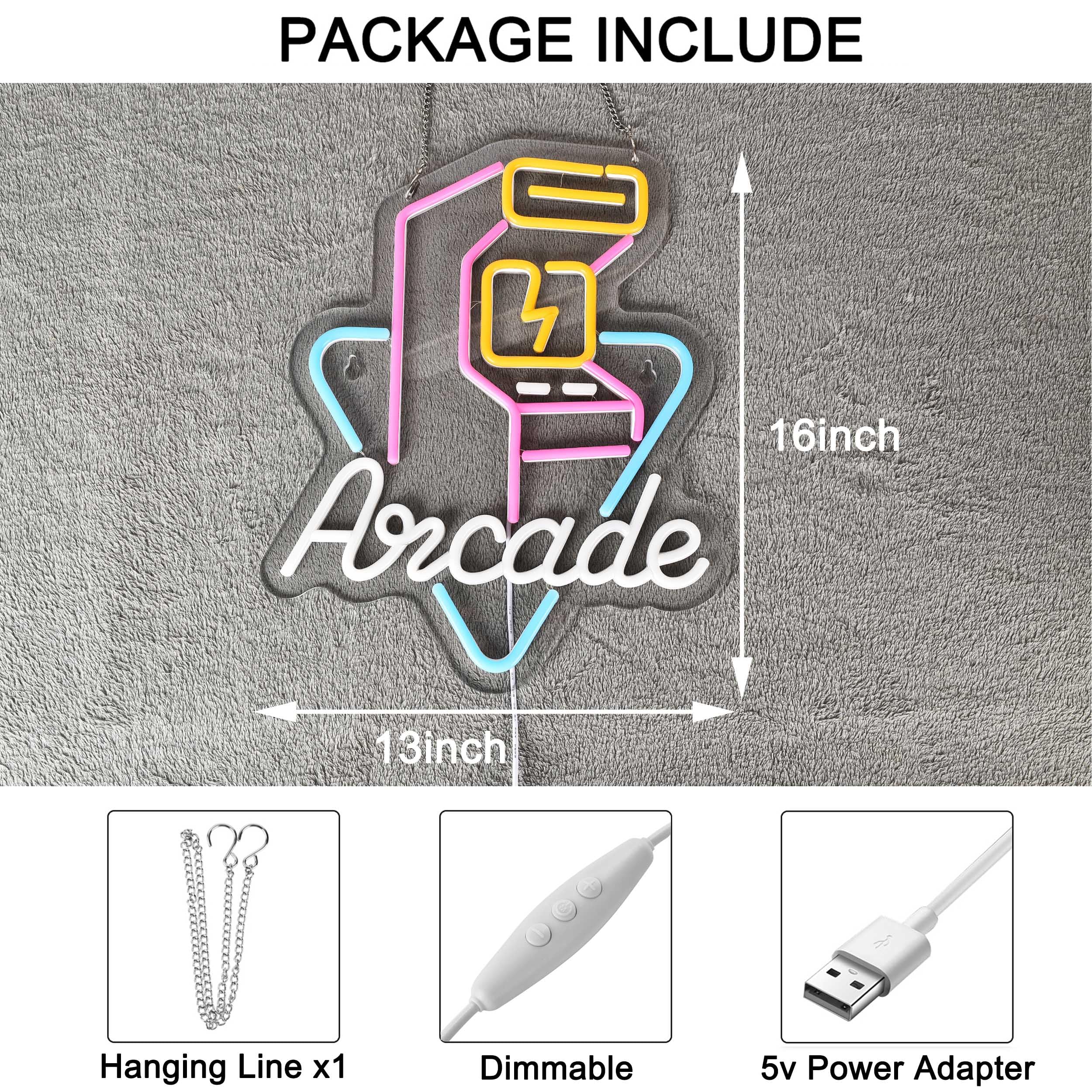 Hoyoelec LED Arcade Neon Sign with Dimmable Switch, 16x13 inches, White/Yellow/Blue/Pink, Decor for Wall Décor