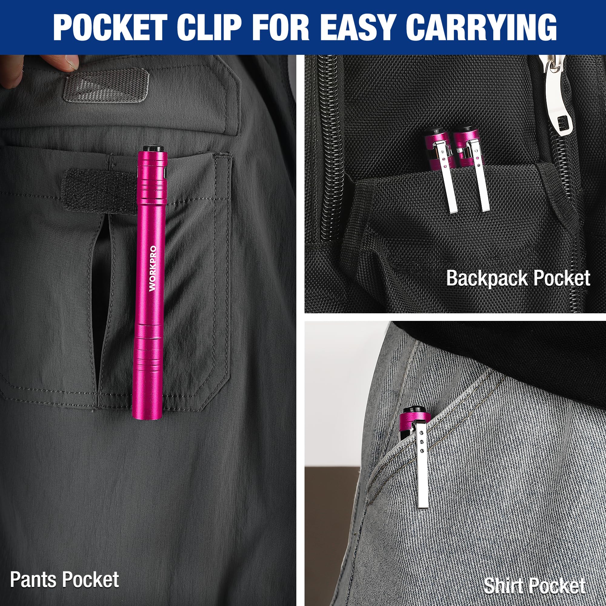 Workpro Led Pen Light, Aluminum Pen Flashlights, Pocket Flashlight With Clip For Inspection, Emergency, Everyday, 2Aaa Batteries Include, Pink(4-Pack)