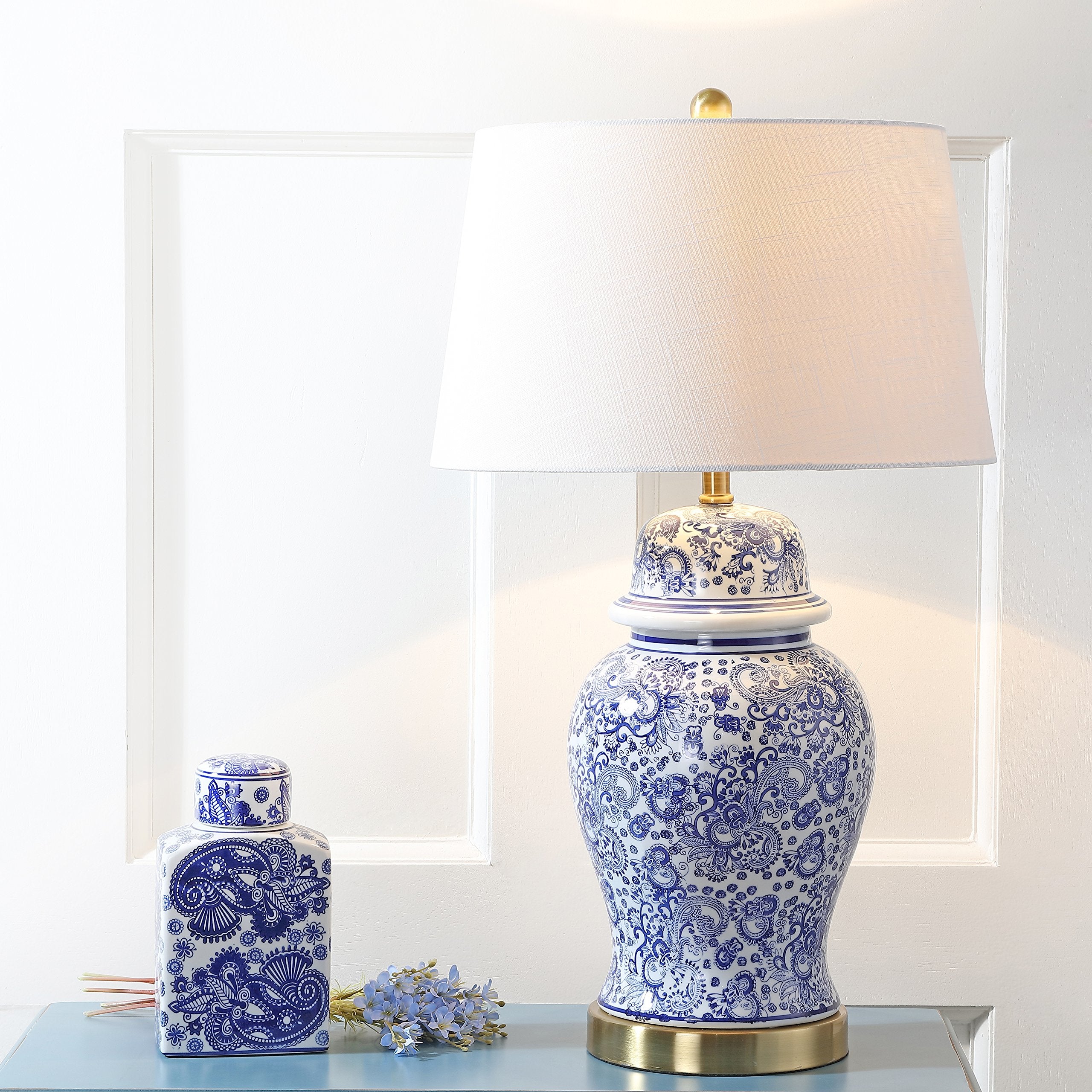 JONATHAN Y Ellis Ceramic LED Table Lamp 29.5in Blue/White Model JYL3008A for Bedroom, Living Room, Office