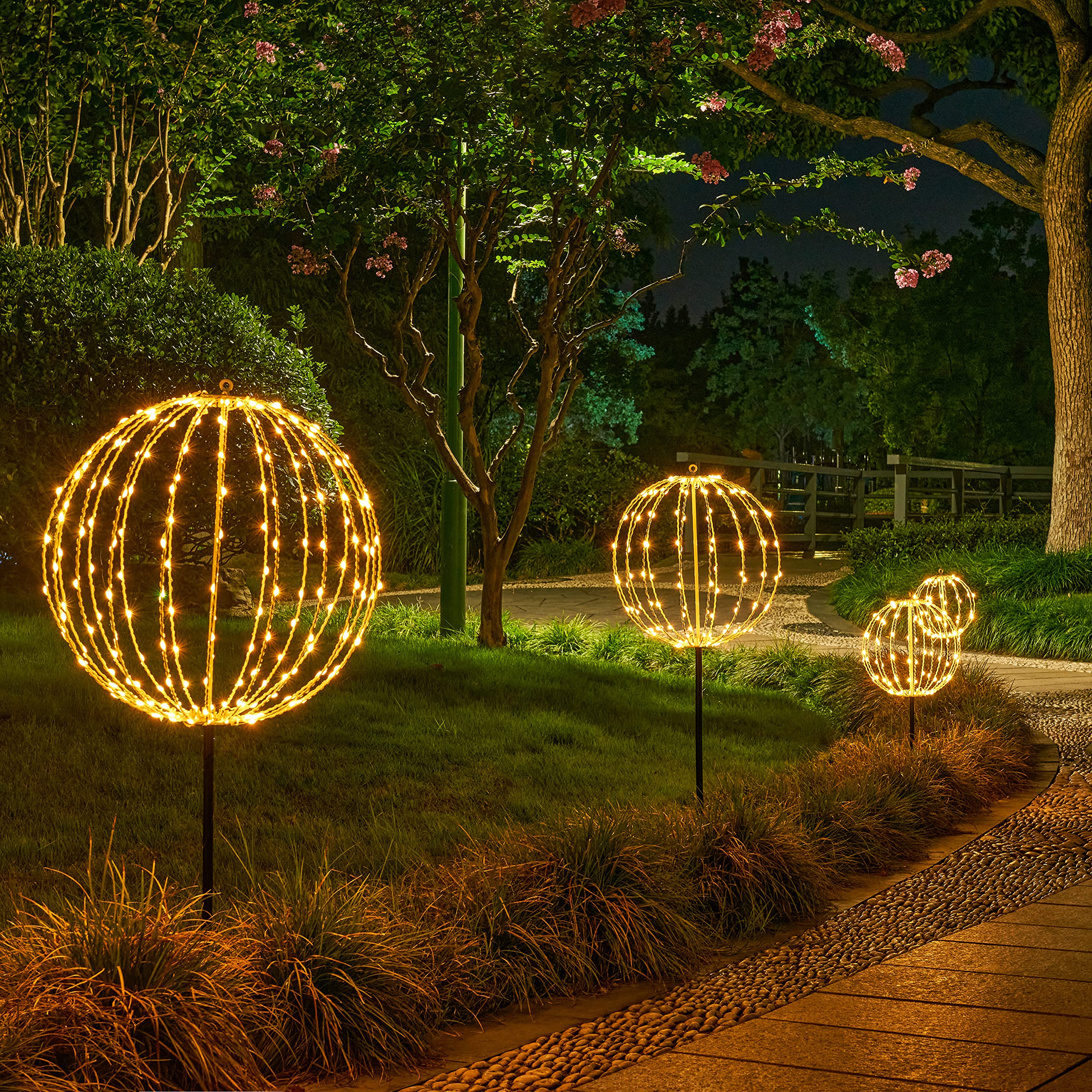 Lightshare 10In 48Led Light Ball Yard Decoration Pathway Lights Sphere Light With Fold Flat Metal Frame Indoor Outdoor Waterproof Garden Lights  Brown Frame / Warm White Lights  10