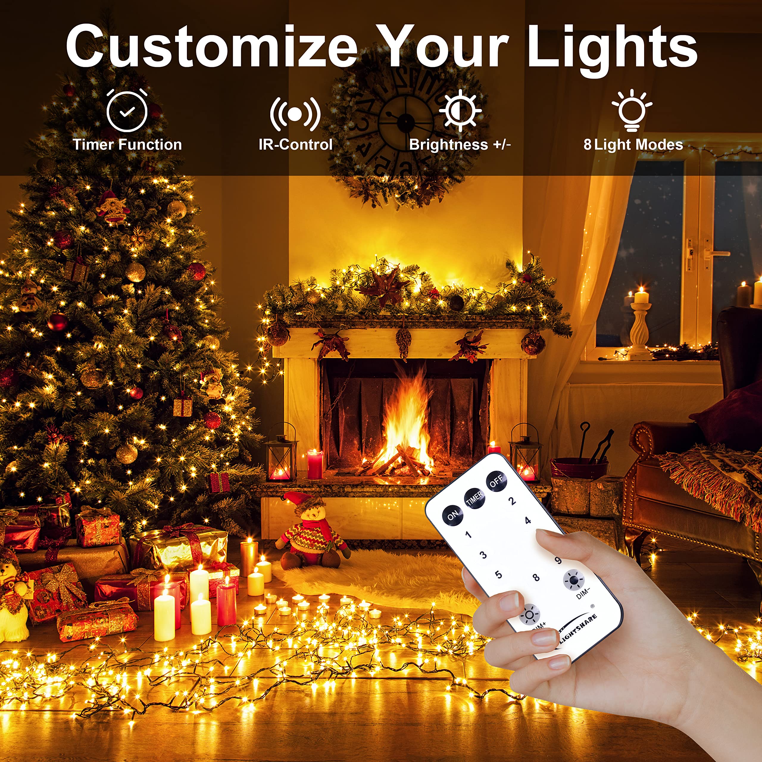 Lightshare 1000Led 328Ft String Lights Warm White, 8 Modes 30V Plug In Fairy Lights With Remote Control For Home Garden Yard Chr