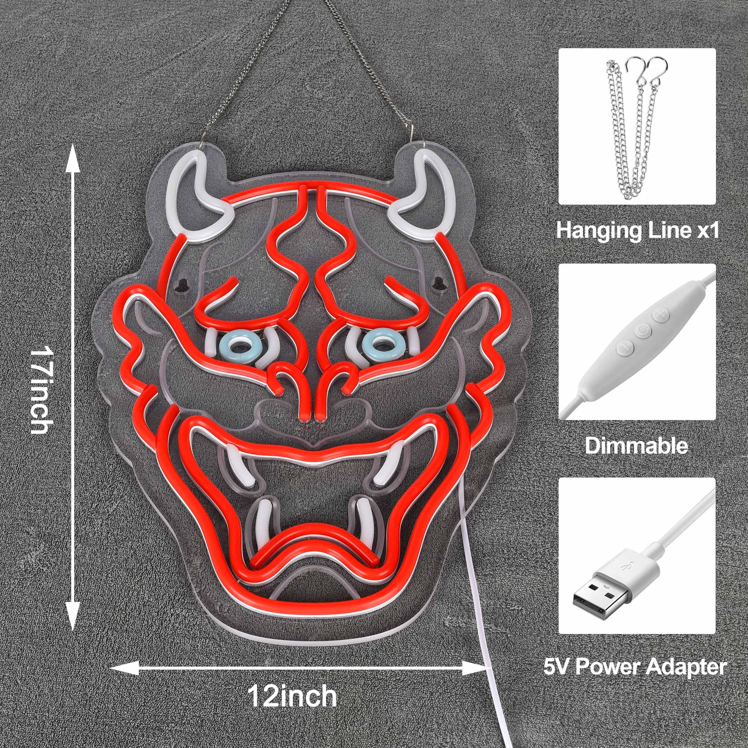 ZODZ Neon Hannya Mask Sign for Wall Décor, Dimmable LED Light, USB Powered, Red+Blue+White