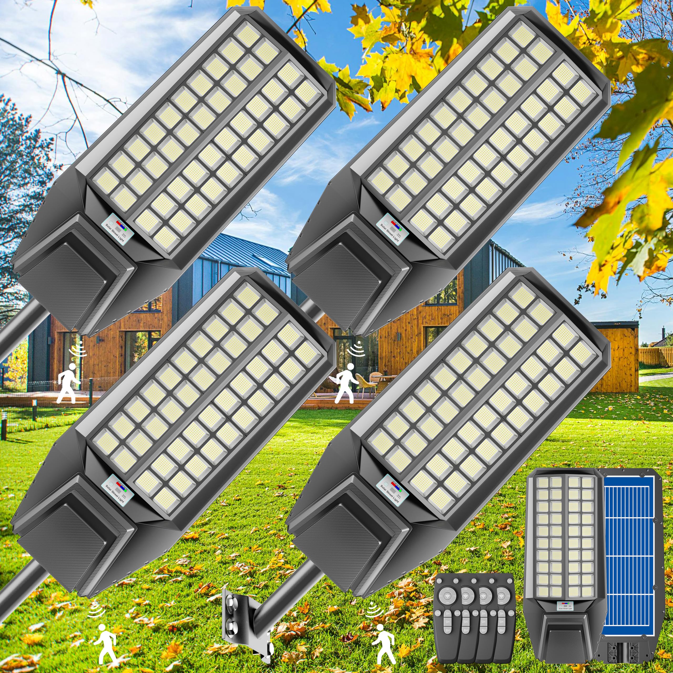 Jadisi 4-Pack 4000W Solar Street Light - 300000 Lumens, Dusk-To-Dawn, Waterproof, Ideal For Commercial & Outdoor Parking Lots - Energy-Efficient Solar-Powered, 3-Year Warranty