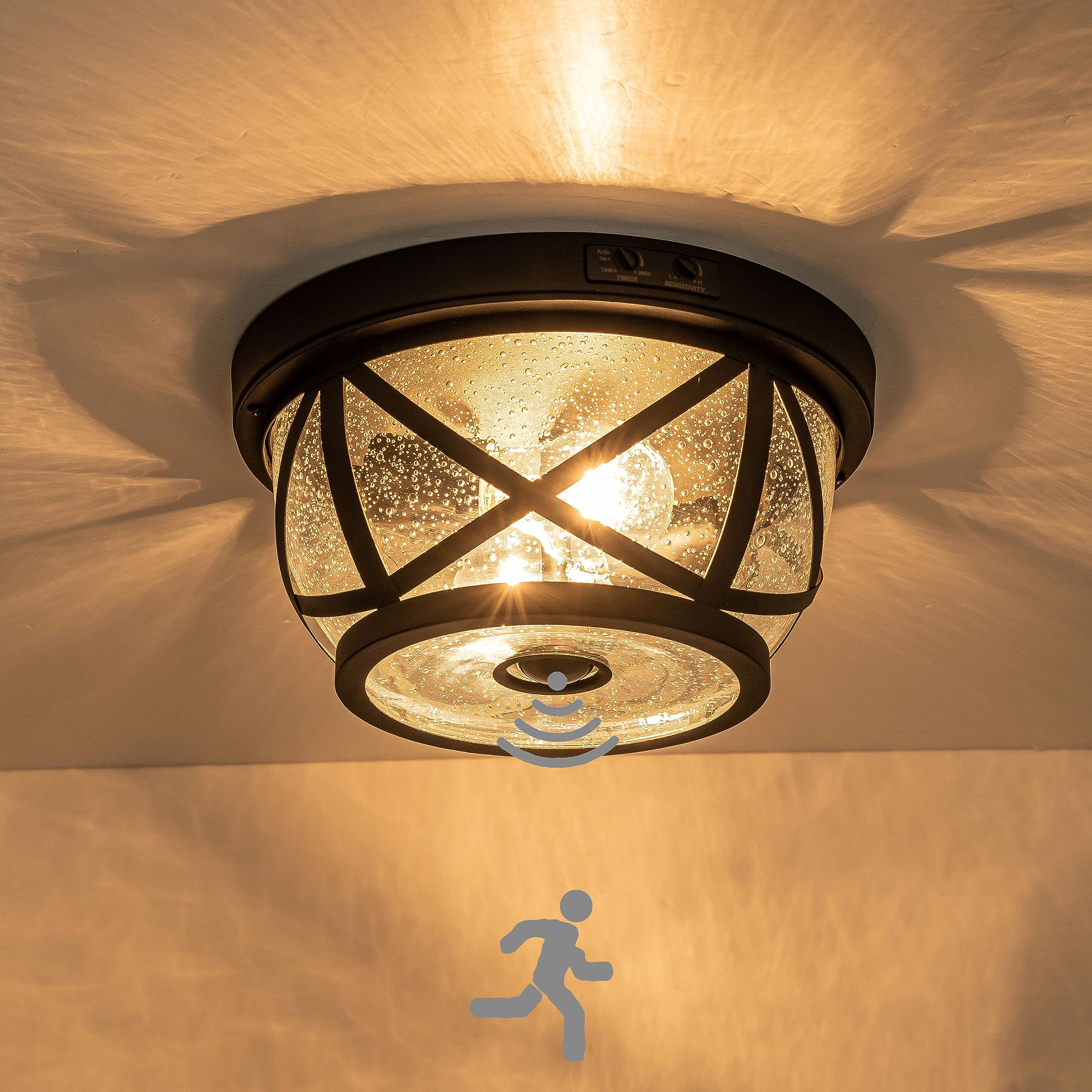 Laplusbelle Motion Sensor Ceiling Light Fixture, Round Matte Black Metal, Waterproof, Model LA2346-FM, Ideal for Outdoor/Indoor Use