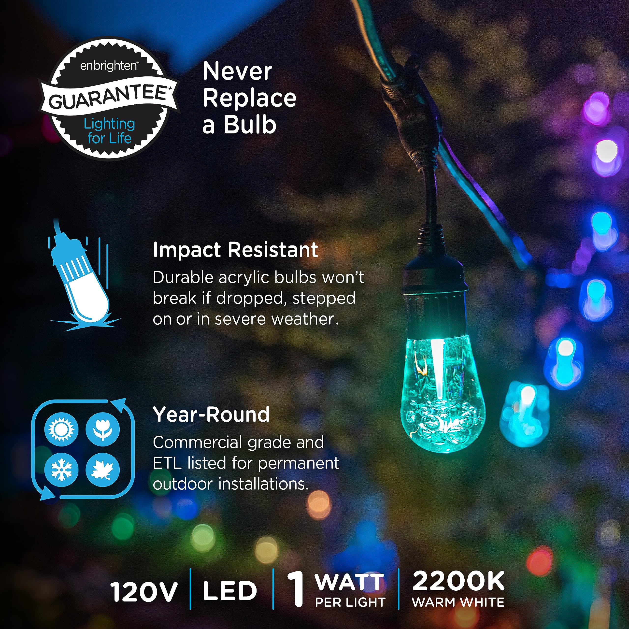 Enbrighten Premium Color Changing String Lights, 24Ft Black Cord, 12 Shatterproof Acrylic Bulbs, Weatherproof, Remote Control, Dimmable Rgb Led, Outdoor String Lights, 37791
