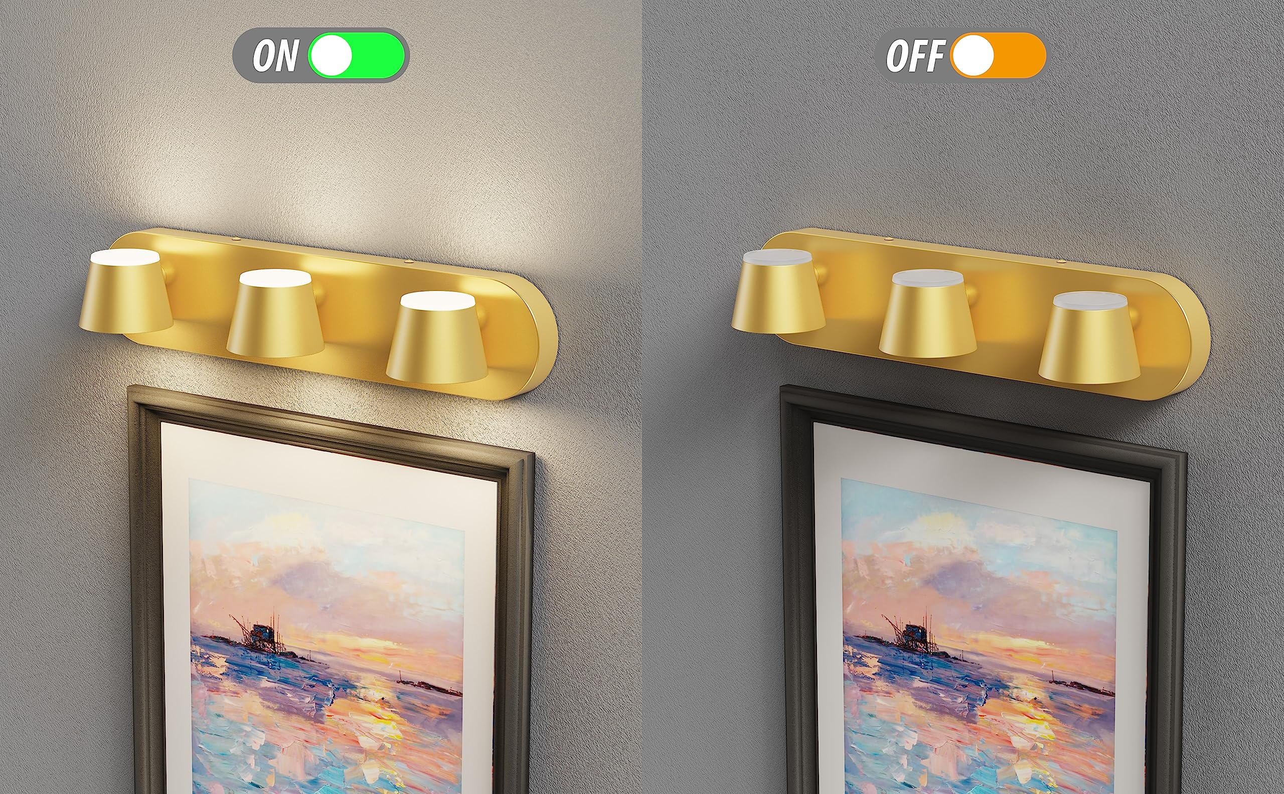 URSOLA 3 Light Bathroom Vanity Light Fixtures, Gold Metal, Dimmable, 20 Inch, Model 7540GD-3T