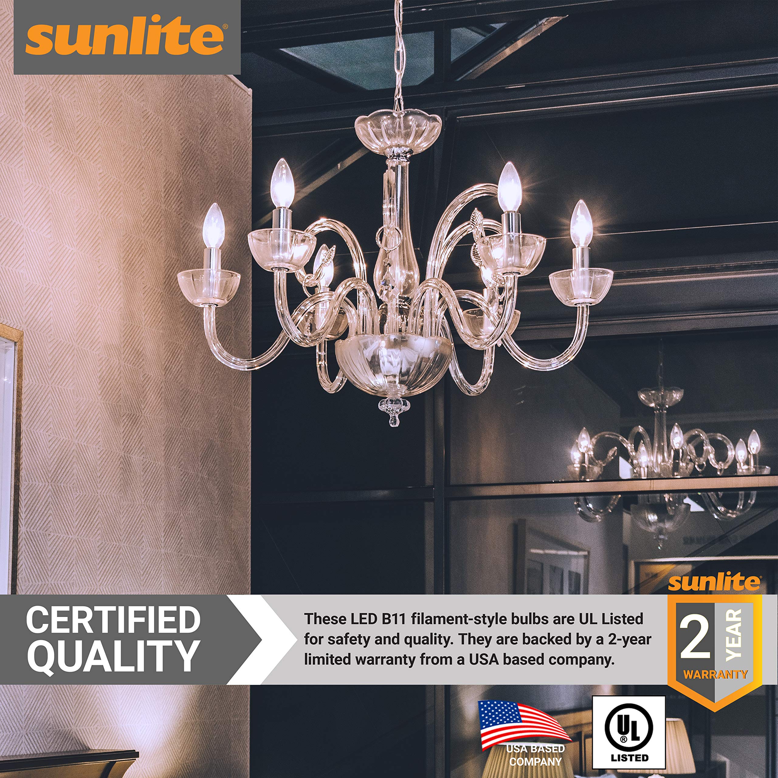 Sunlite 40957 Led B11 Filament Style Chandelier Light Bulb Torpedo Tip 6 Watts (60 W Equivalent) Dimmable, 600 Lumens, Candelabr