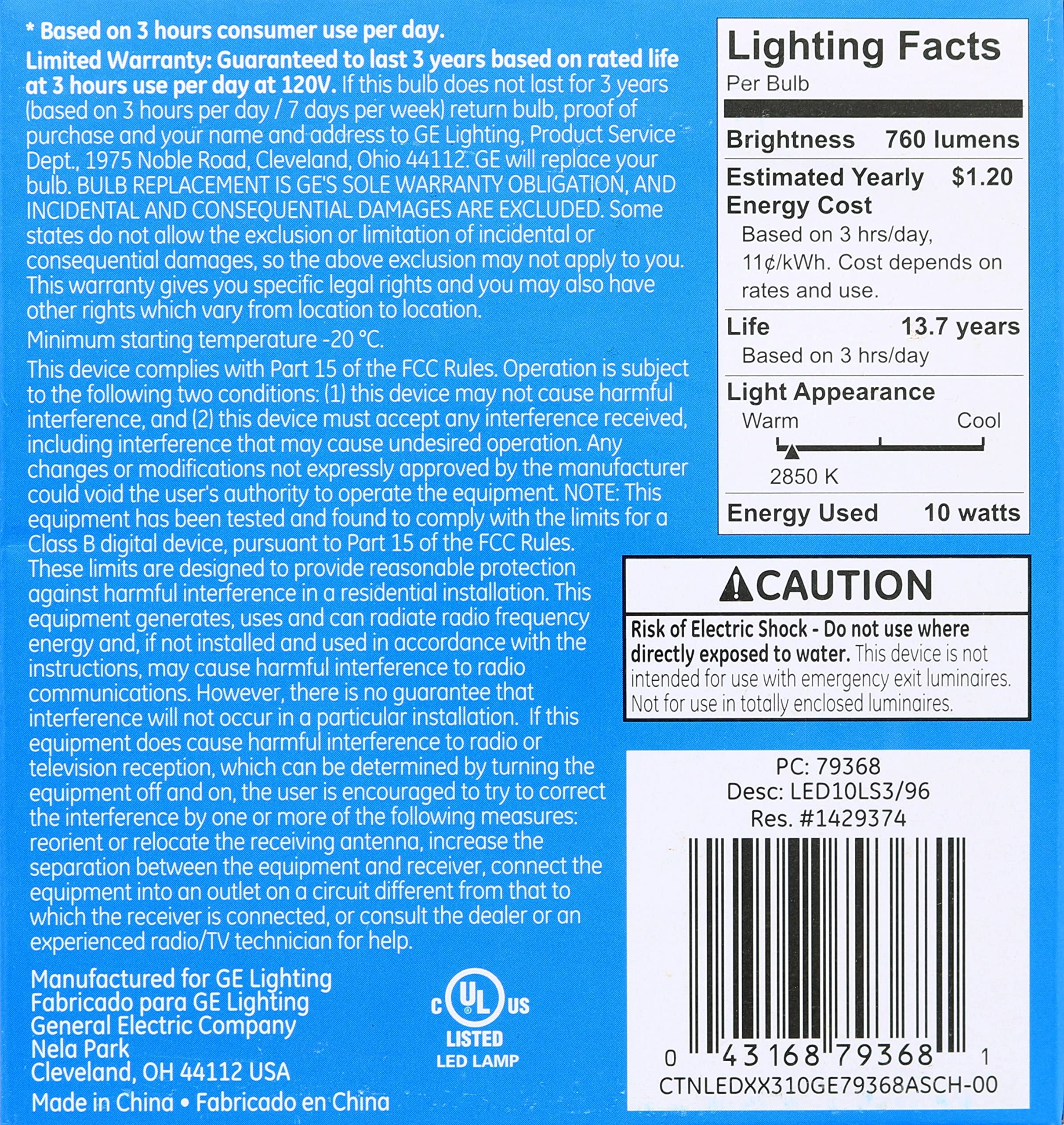 GE LED Bright Stik 10W Light Bulb, 760 Lumen, Soft White, 3 Count, Non-Dimmable, Model 32282