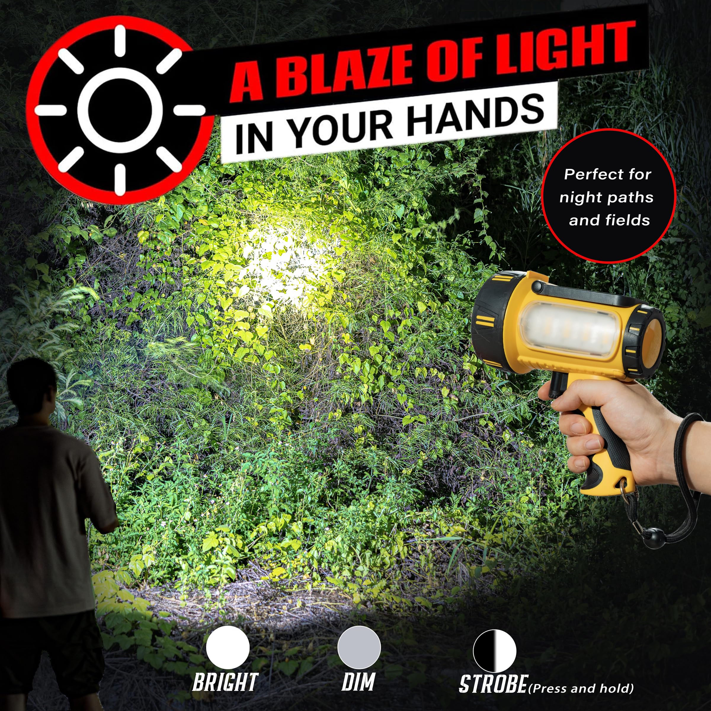 Bigsun E1 Rechargeable Spotlight, 1000000 Lumens Led Flashlight,Side 50W Work Lamp With Stand,10000Mah Battery, Ip55 Water-Resis