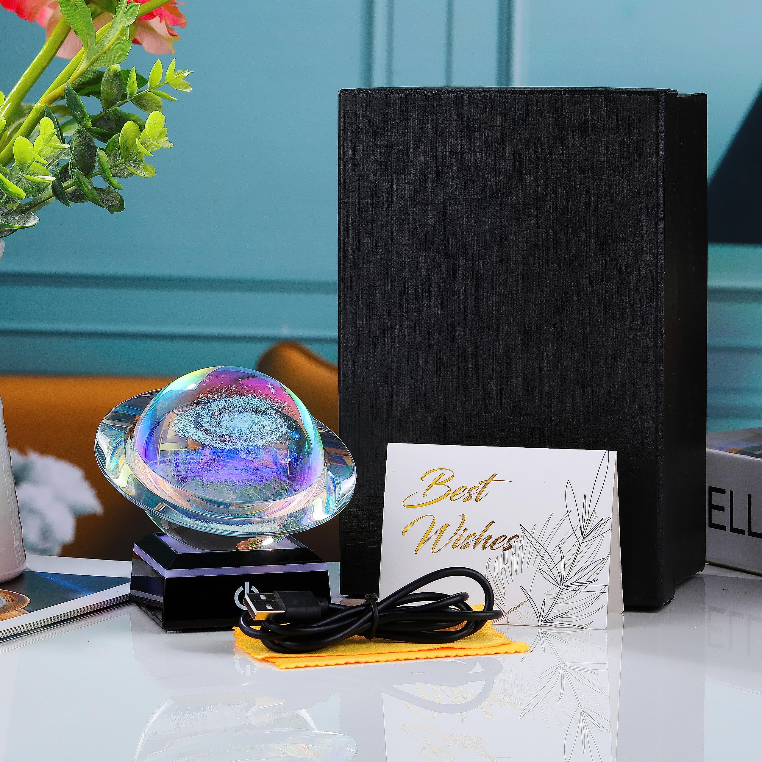 Qianwei 3D Solar System Model - 80mm Saturn Shape Crystal Ball Night Light for Astronomy Gifts & Room Decor