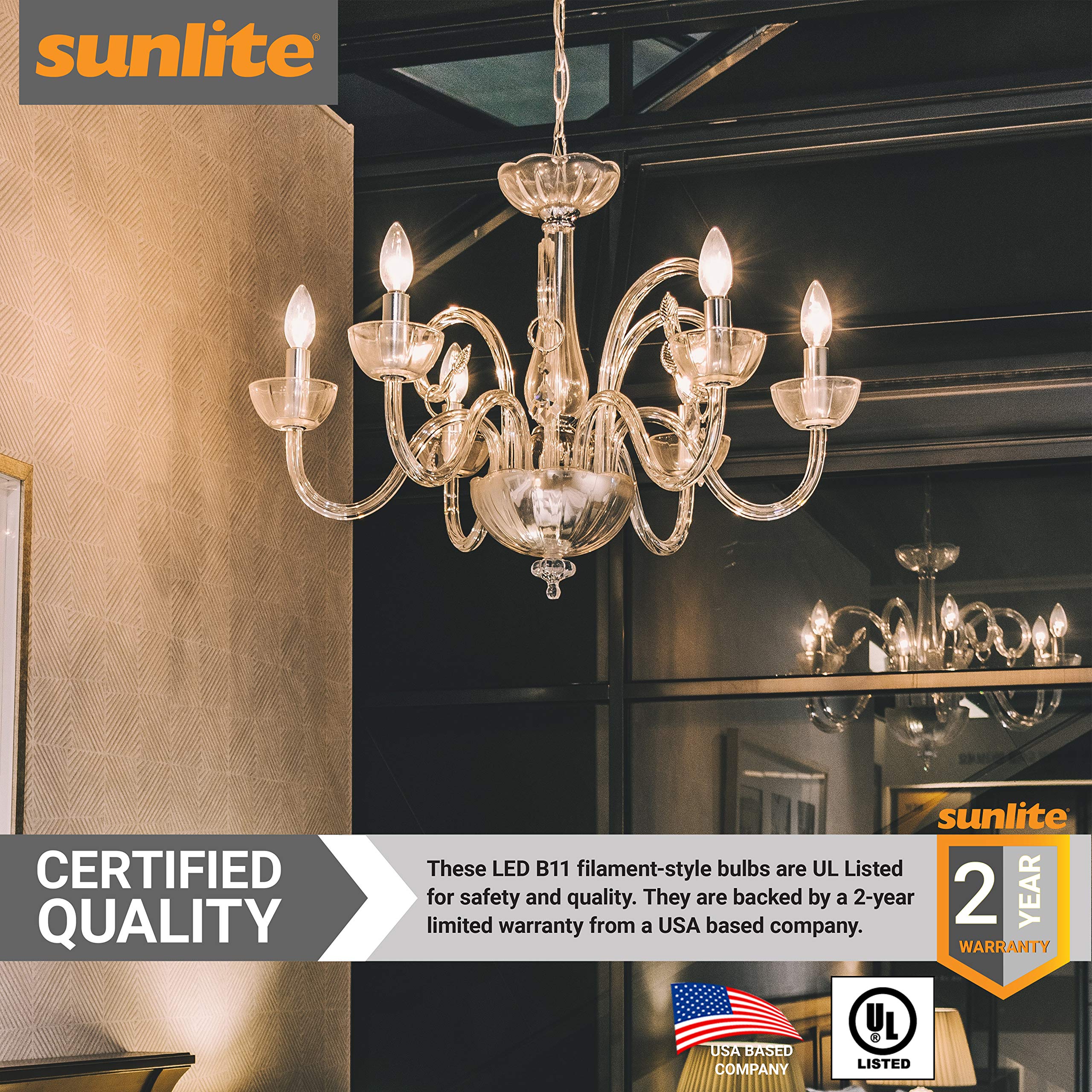 Sunlite 40956 Led B11 Filament Style Chandelier Light Bulb Torpedo Tip 5 Watts (60 W Equivalent) Dimmable, 600 Lumens, Candelabr