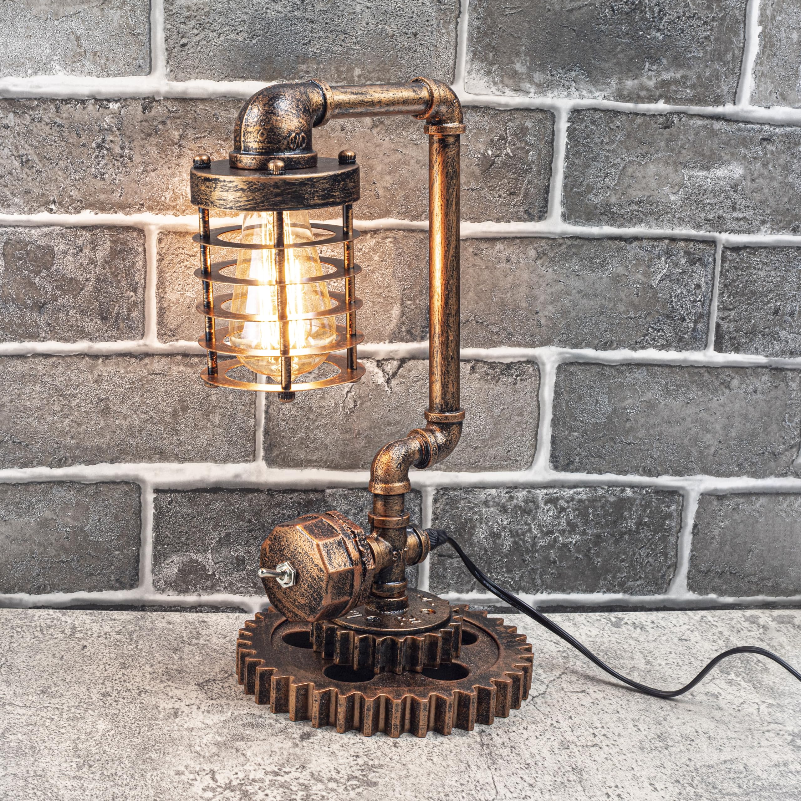 Y-Nut Loft Style Vintage Metal Dimmable Table Lamp with carbonized Wood Base, Colosseum, Steampunk Industrial, Night Light, Desk