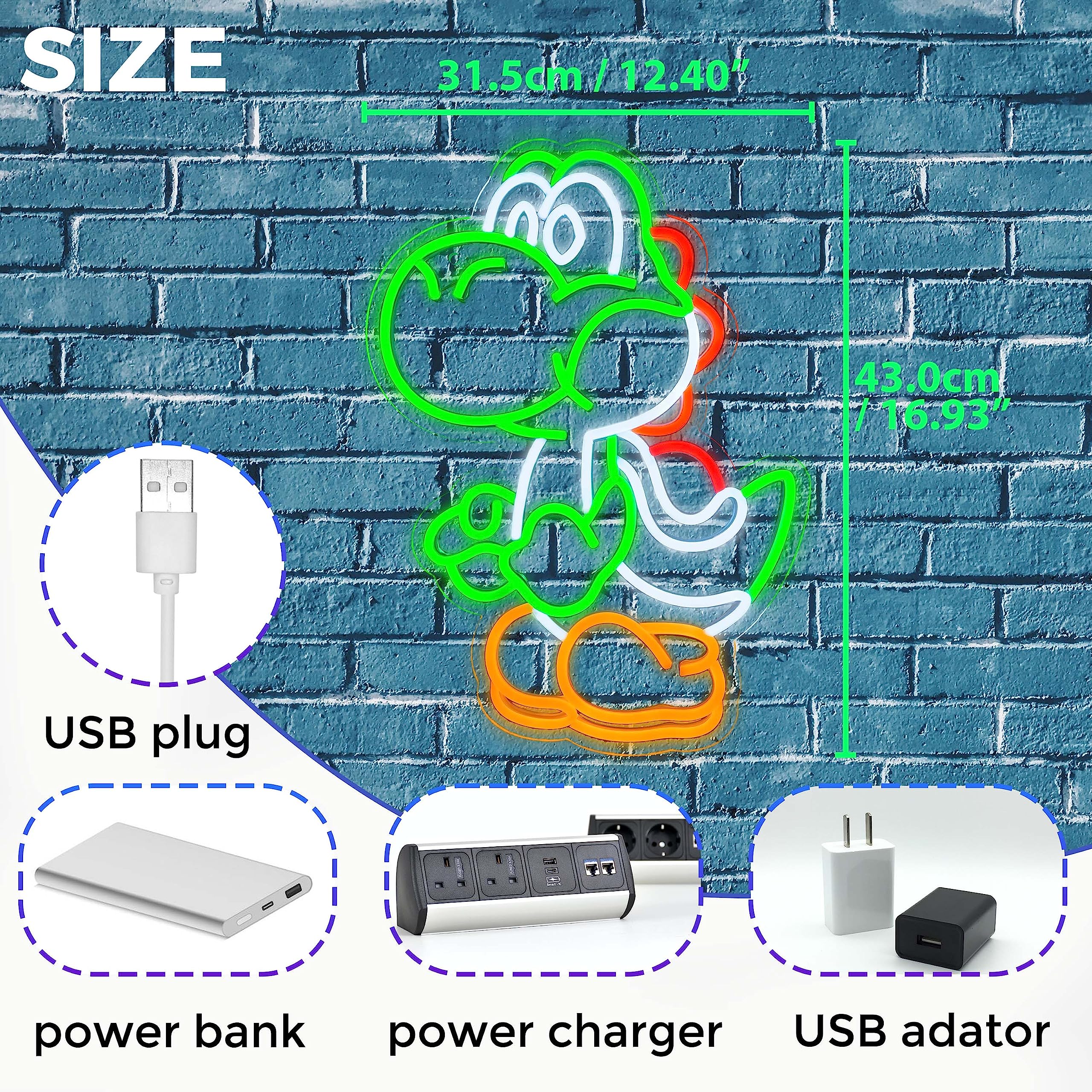 JOSEBRU Neon Sign - Dimmable LED Dinosaurs Wall Decor, 16.9" x 12.4", Acrylic, Multicolors, Standing Yoshi for Kids & Game Rooms