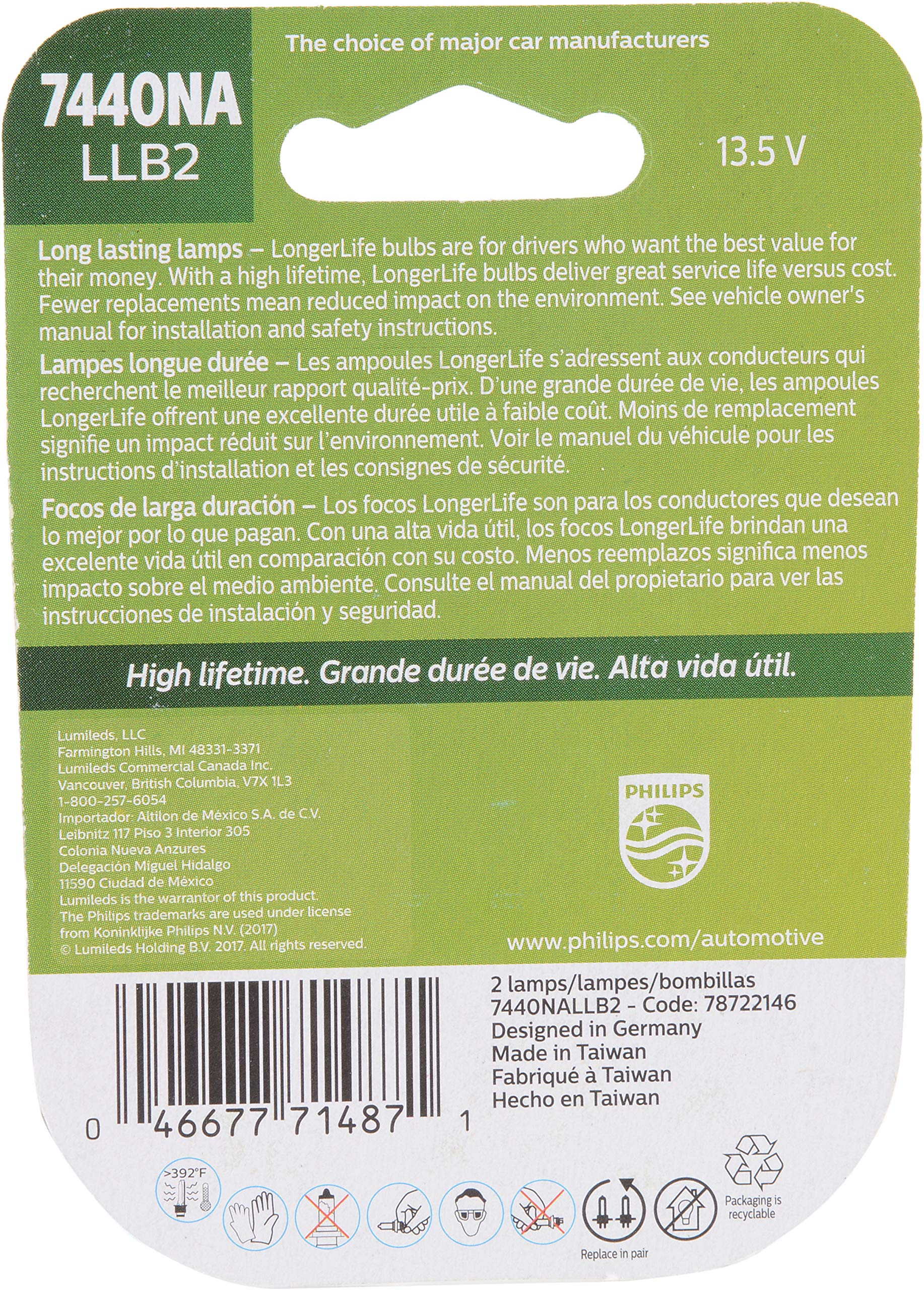 Philips 7440Na Longerlife Miniature Bulb, 2 Pack