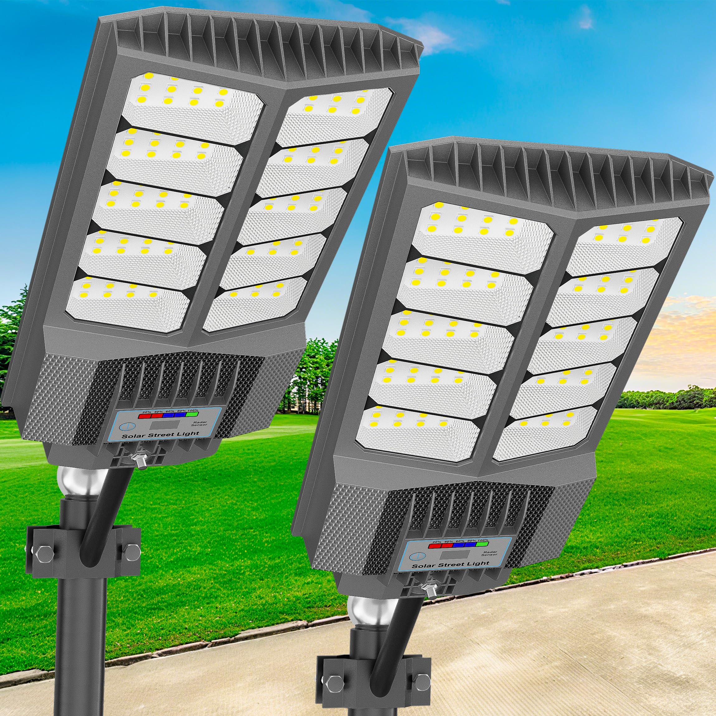 loyoele Solar Street Light with Pole Mount, Dusk-to-Dawn Outdoor LED, 300000 LM, 7000K IP67 Weatherproof, Adjustable Modes, for 