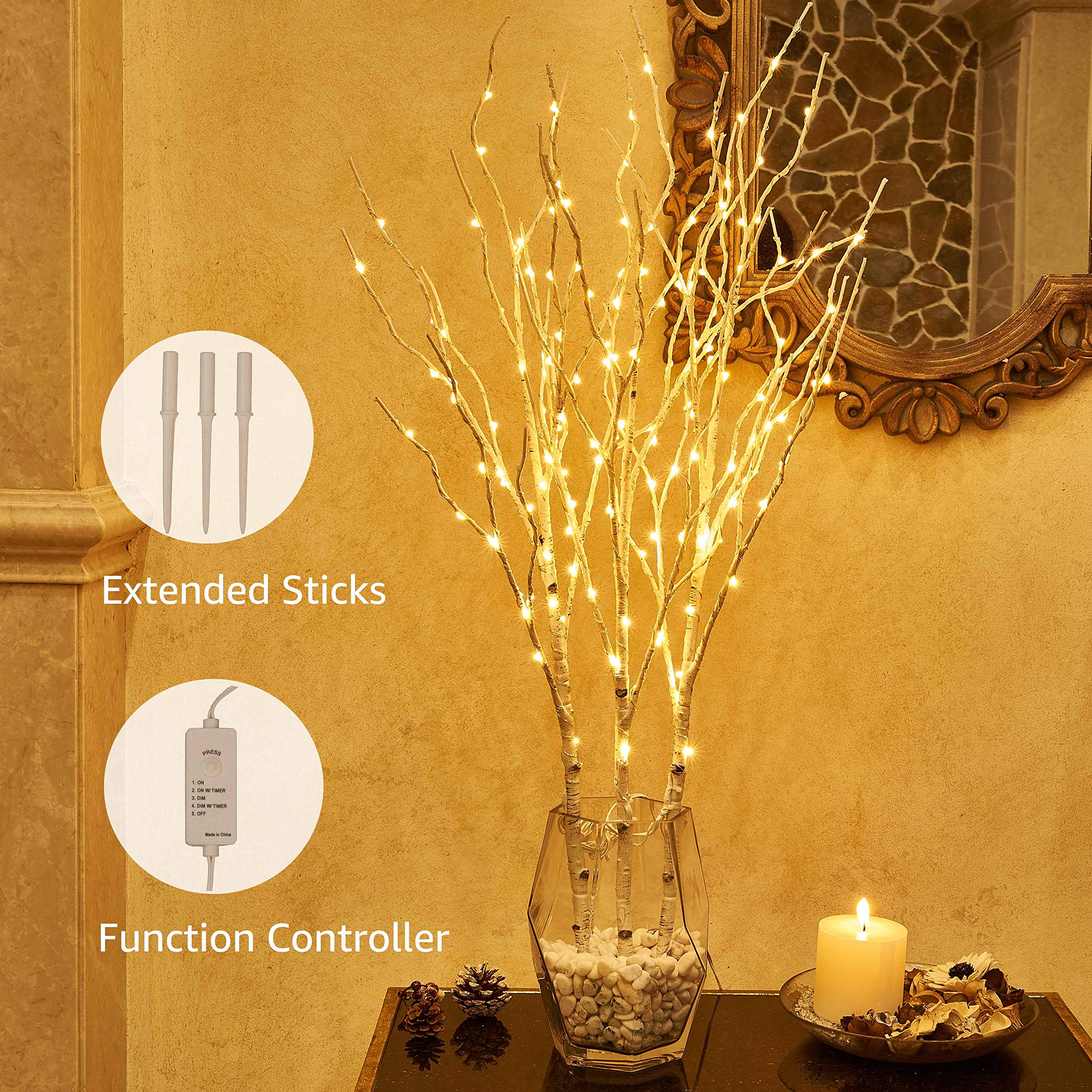 Hairui Lighted Artificial Twig Birch Tree Branch 32in, 150 LED, White, Model JT-DC035V0450-C, Ideal for Christmas Wedding Party Decoration