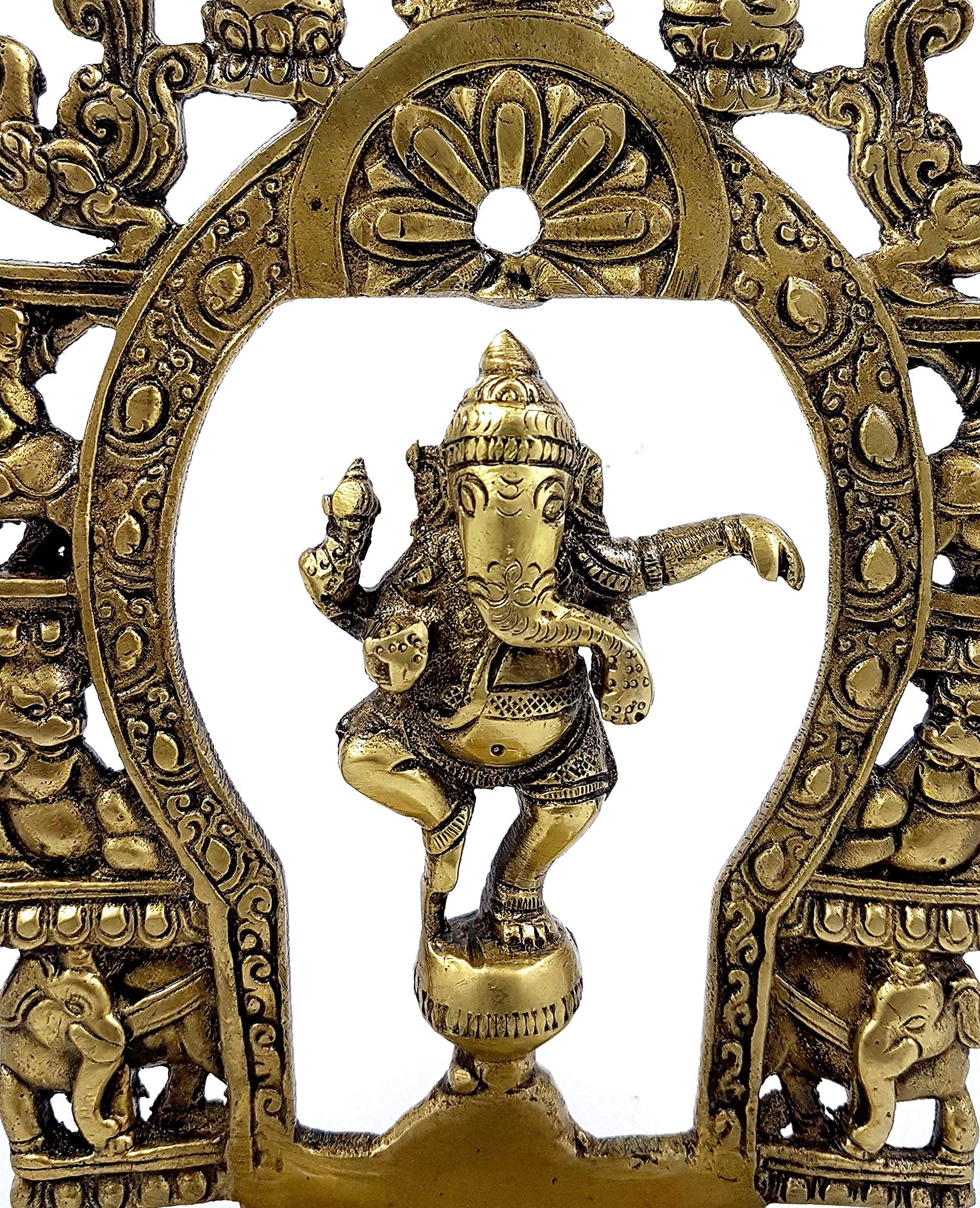 Two Moustaches Brass Ethnic Indian Carving Dancing Ganesha Design Diya with Prabhavali Frame, 9 Inches, 1 Kg, Antique Yellow, St