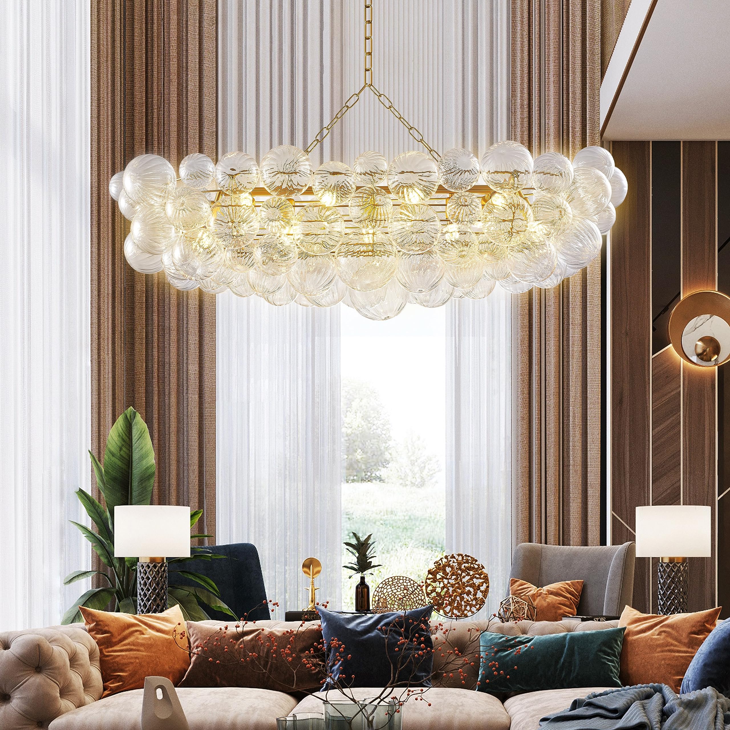 Nordic Bubble Ball Swirled Glass Long Chandelier Over Dining Table