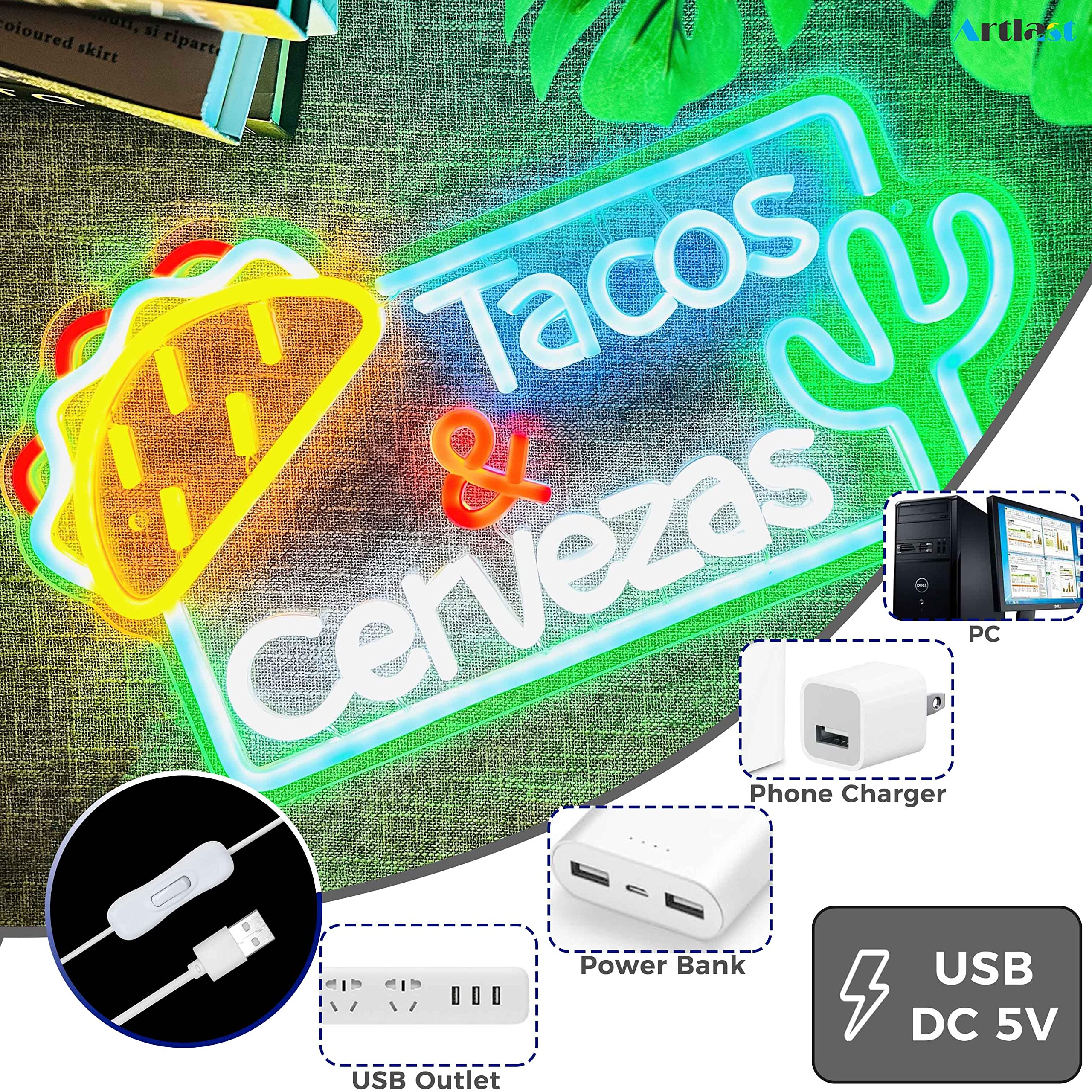 Artlast Tacos Neon Sign LED Light - Acrylic Decor for Taco Shop, Tacos & Cervezas Theme, Color: Tacos
