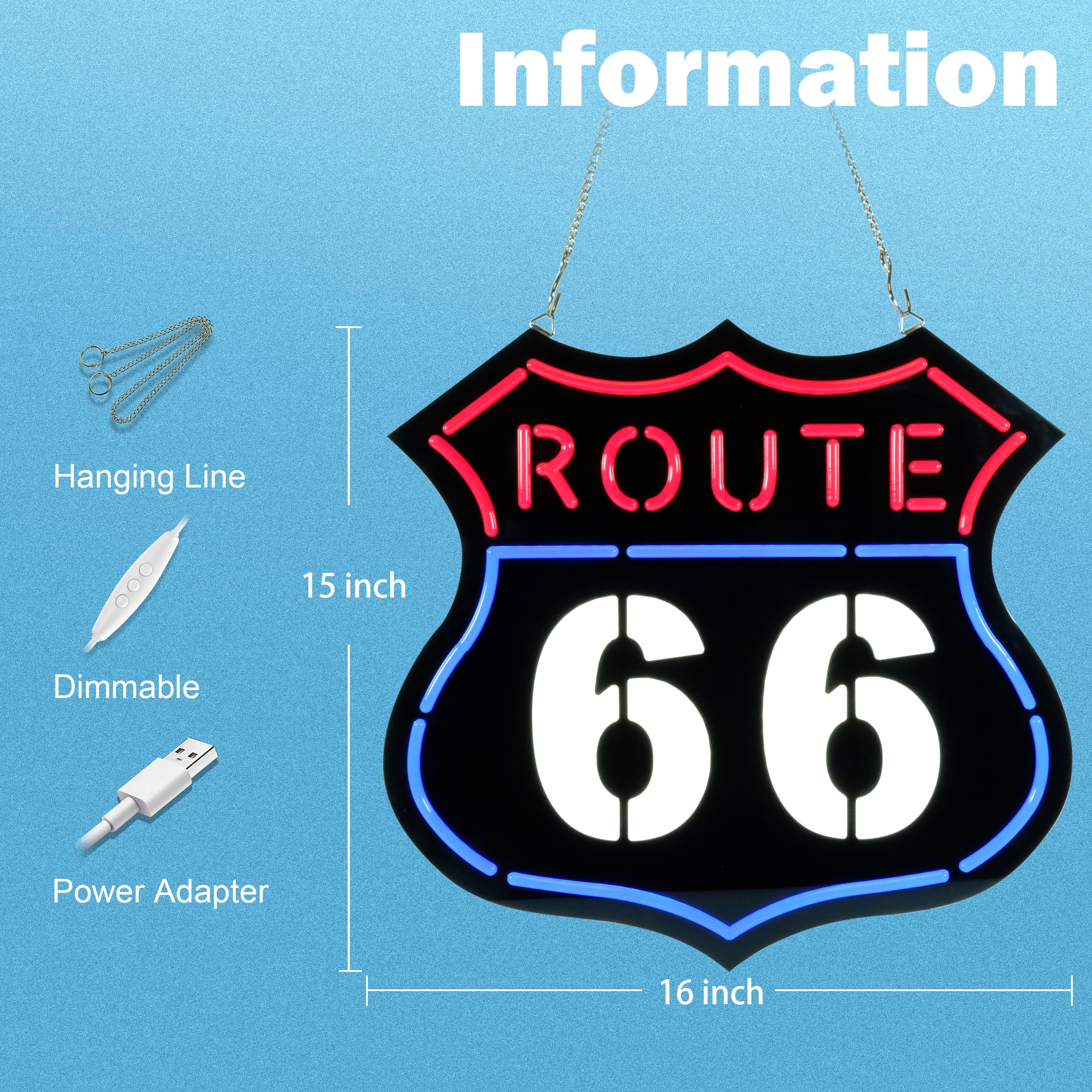 Vgvlgnss Ultrathin Route 66 Neon Sign Art - Red Acrylic Wall Light For Bedroom & Cafe Decor