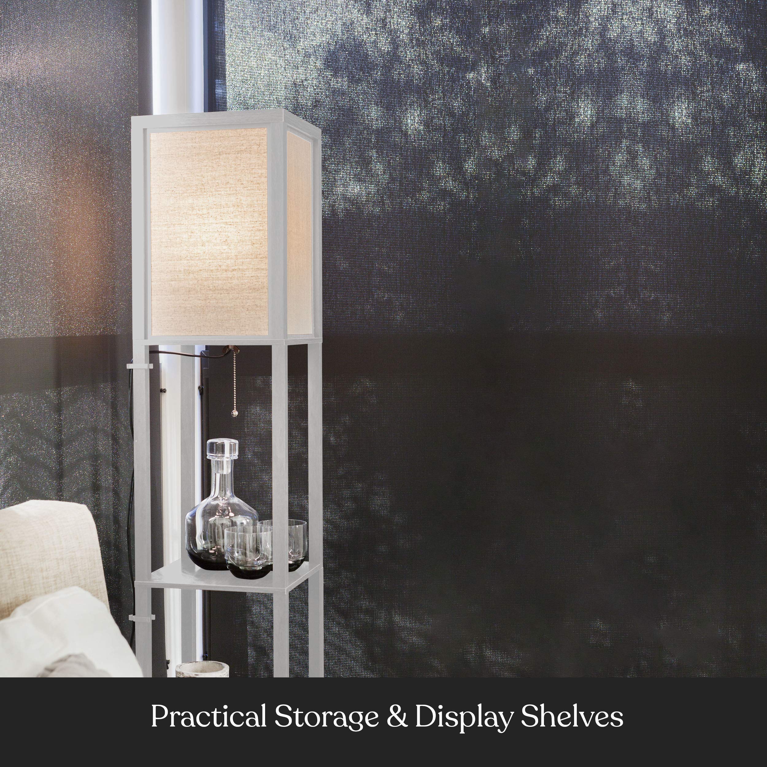 Brightech Maxwell Modern Shelf Floor Lamp with LED Bulb - White Wood Design for Living Room, Bedroom & Office