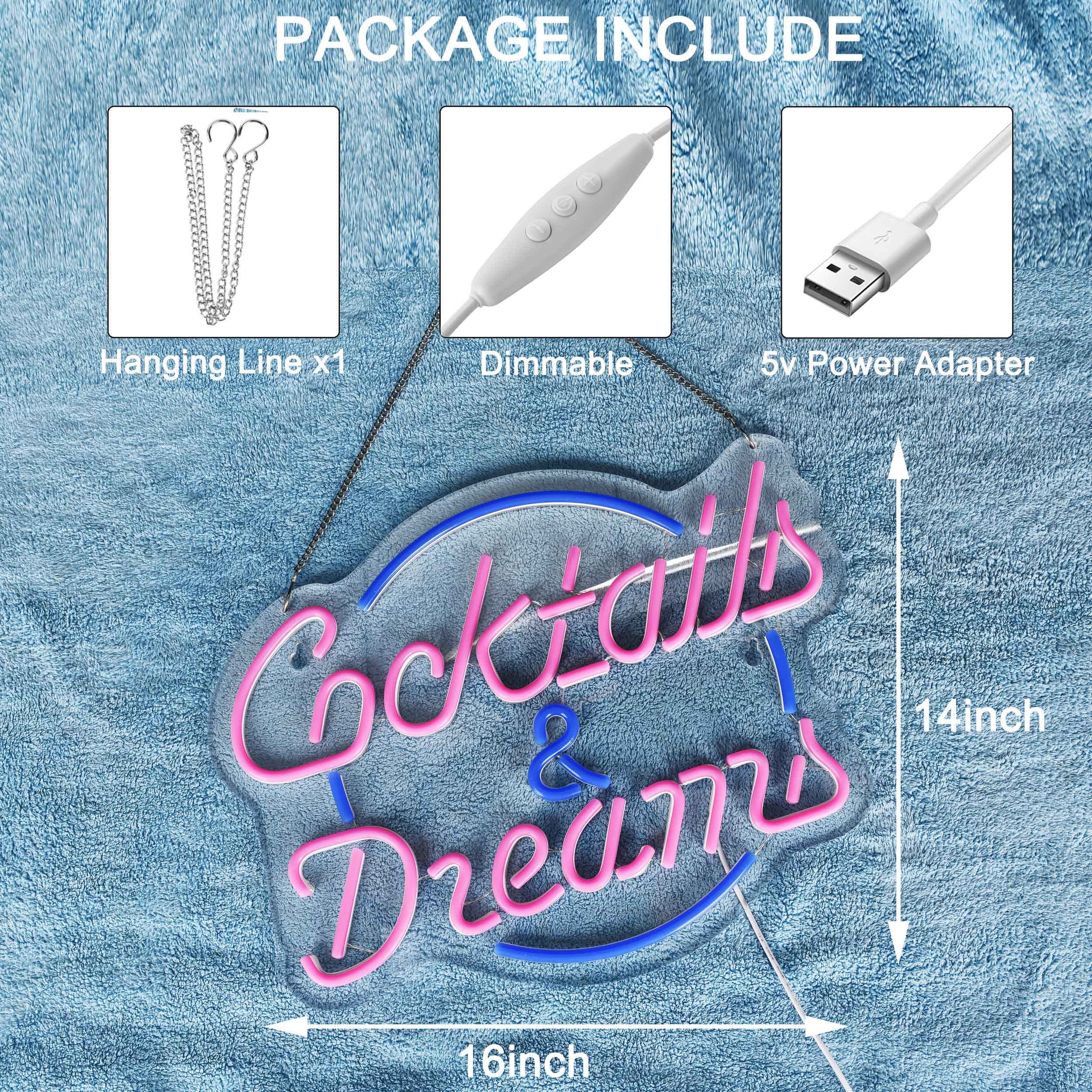 Haimococl Cocktails and Dreams Neon Sign - Dimmable LED Wall Decor in Pink & Blue for Bedroom, Bar, Hotel, Party, Club, Office