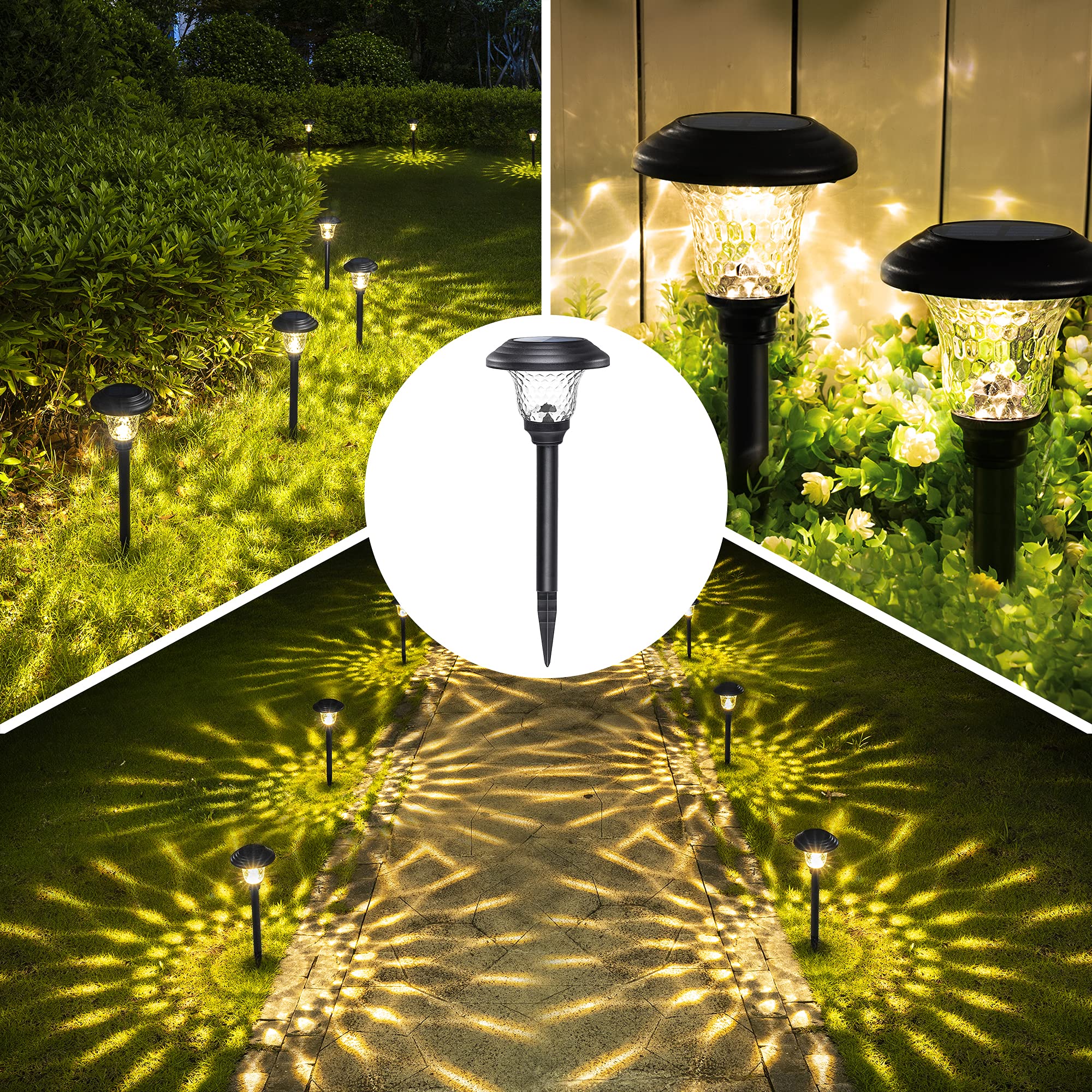 GIGALUMI Solar Pathway Lights 8 Pack, Waterproof LED Garden Lights, Warm White, Black, Model 8528