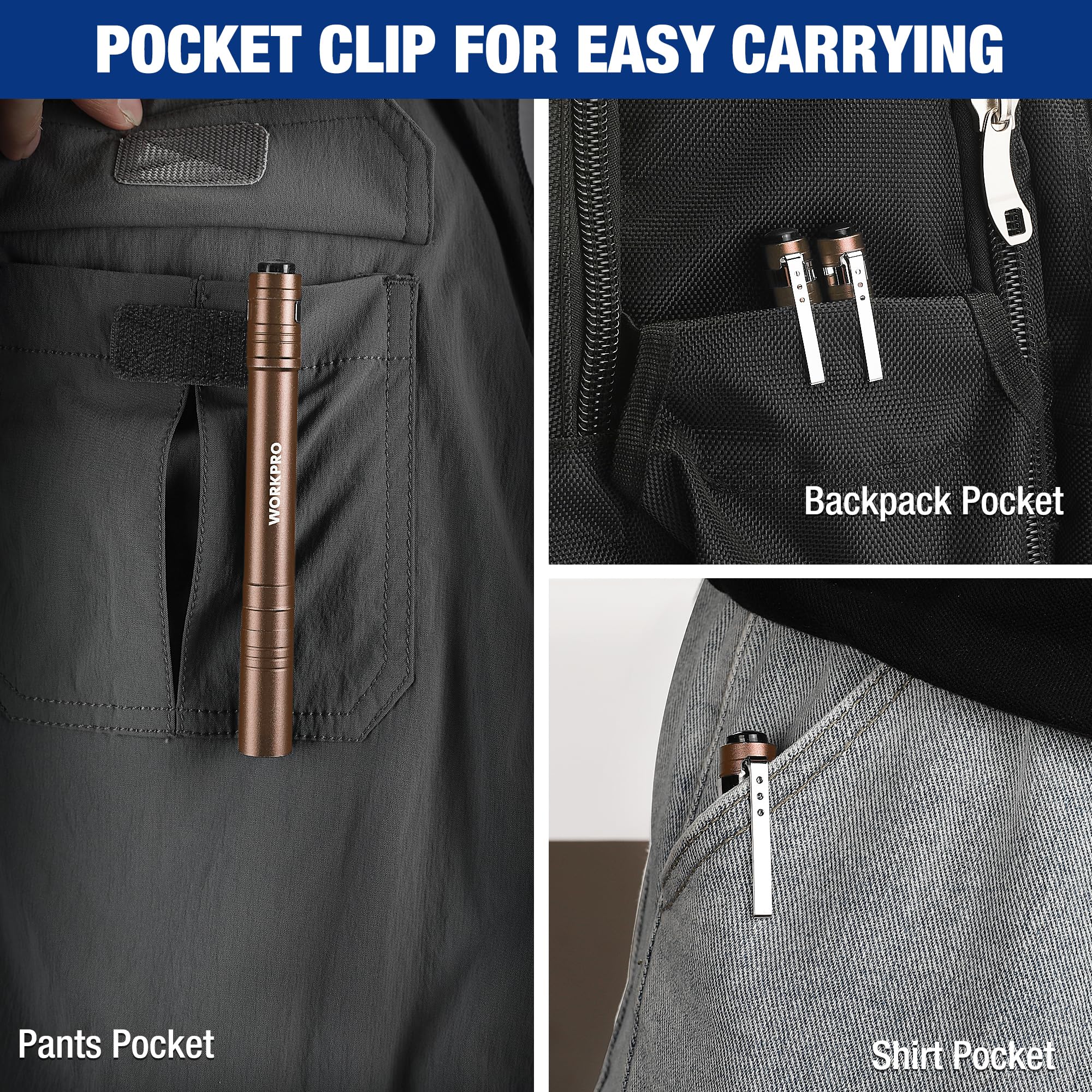 Workpro Led Pen Light, Aluminum Pen Flashlights, Pocket Flashlight With Clip For Inspection, Emergency, Everyday, 2Aaa Batteries Include, Brown(4-Pack)
