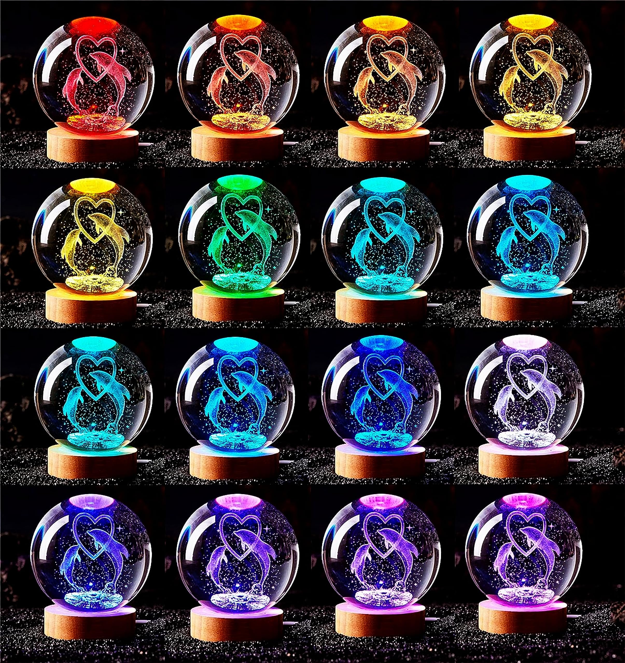 Digfpwt Dolphin Crystal Ball Lamp, 3.15 Inch K9 Crystal Ball Night Light With Wooden Base, 16 Colors Change With Remote Control