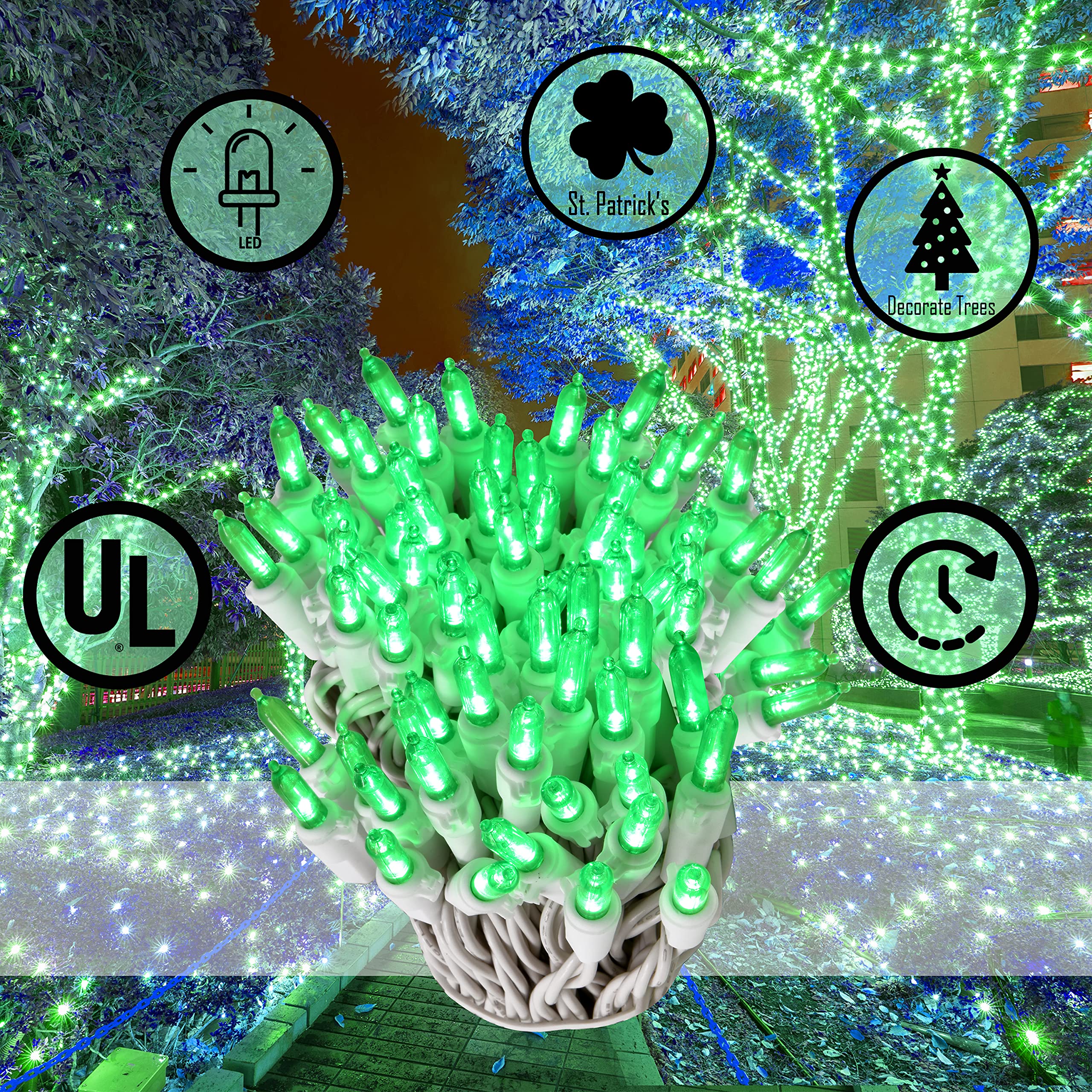 Holiday Essence - 100 Led Green Christmas Lights Set 26.9 Ft White Wire Indoor & Outdoor Holiday D?Or For Christmas Tree St. Pat