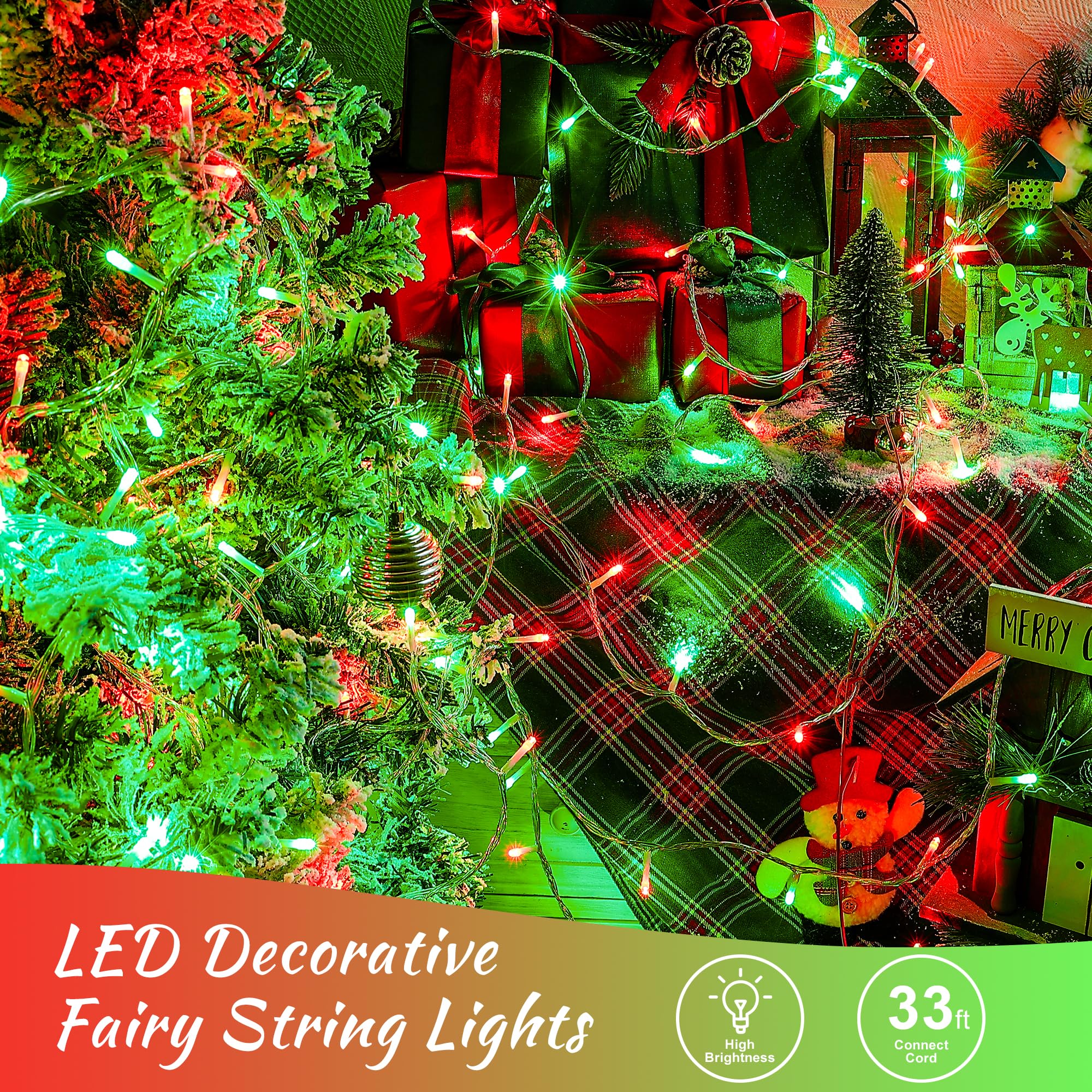 Oopswow Red And Green String Lights, 33Ft 100 Led Christmas Lights Plug In,8 Modes Twinkle Fairy Lights Waterproof For Indoor Outdoor, Christmas Tree Lights For Holiday,Wedding Party,Xmas Decor