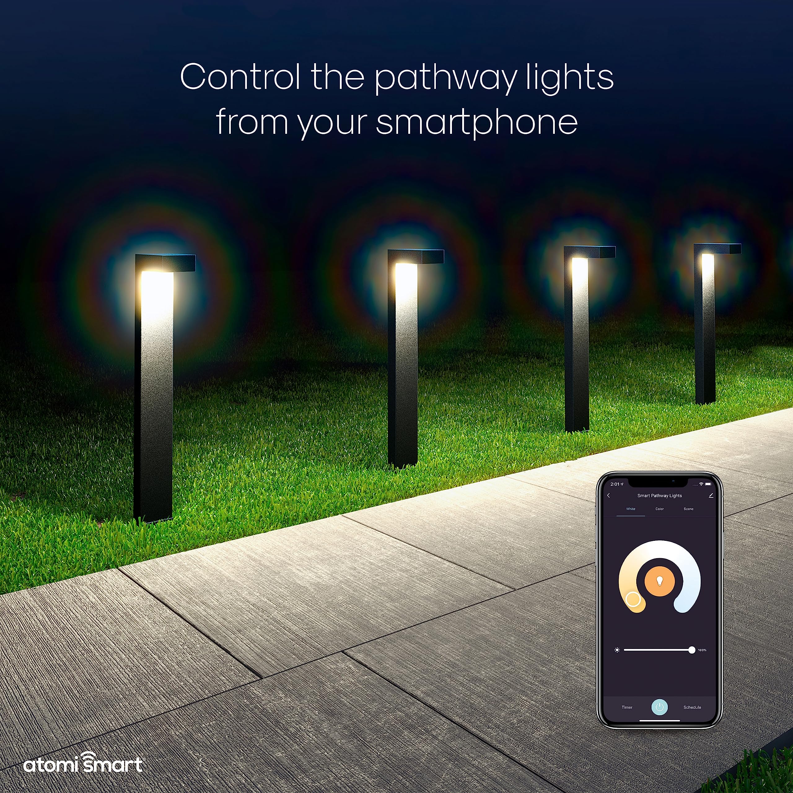 Atomi Smart WiFi LED Pathway Lights 4-Pack, 800 Lumens, Dimmable, IP65, White/RGB, Model AT1592, App Control, Works with Alexa/