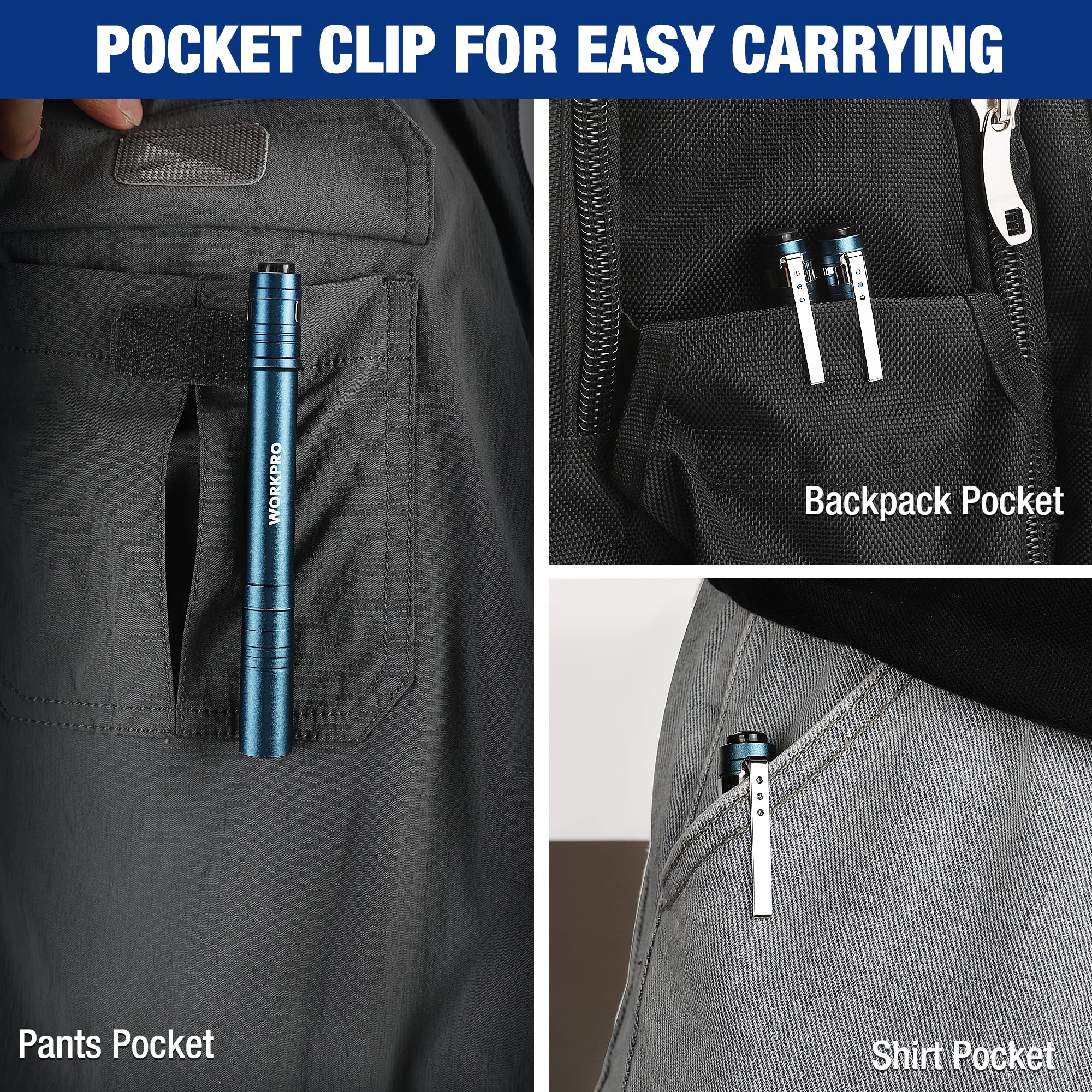 WORKPRO LED Pen Light - Aluminum Pocket Flashlight with Clip, Blue, Model W139011, 4-Pack, 2AAA Batteries Included