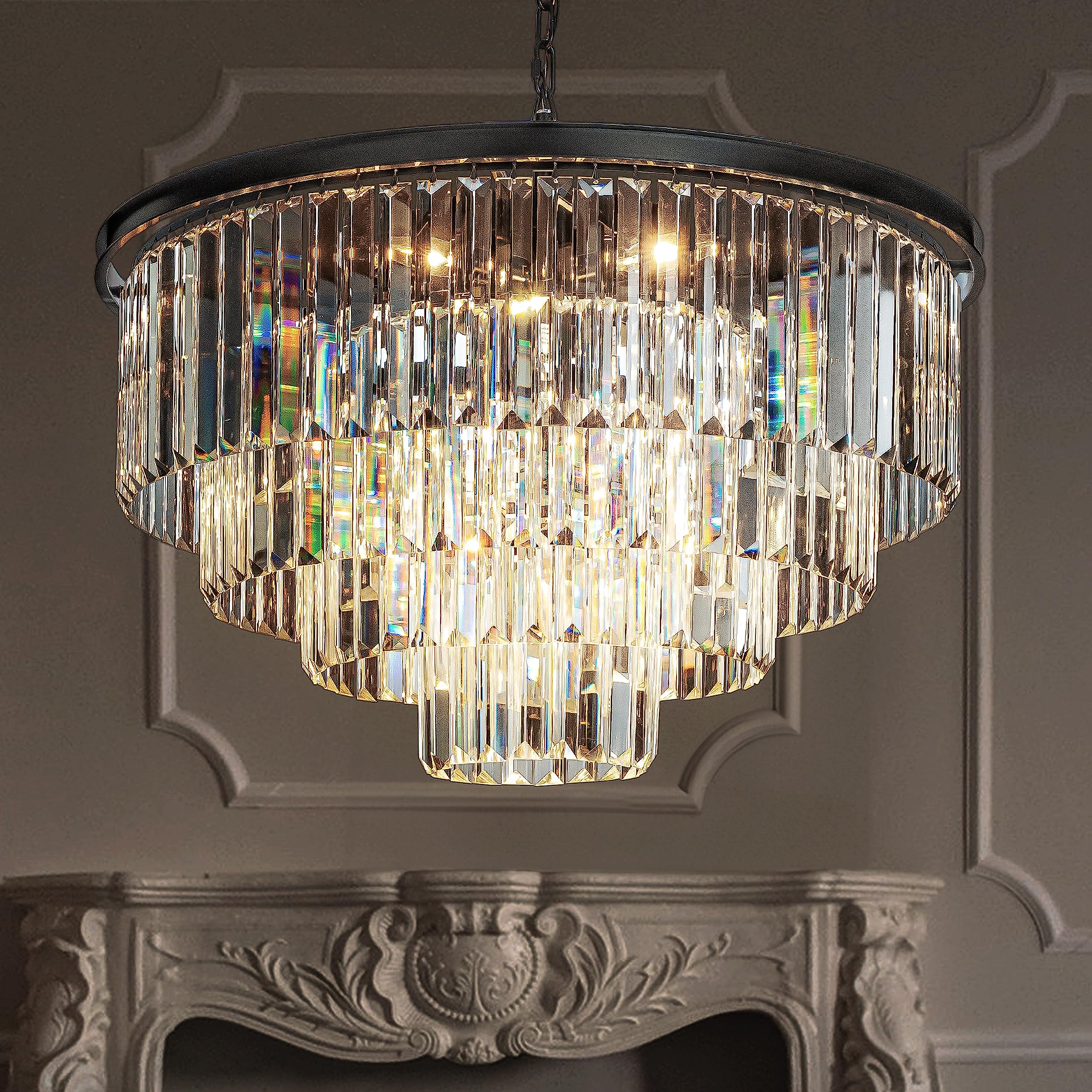 ALOADECOR 8-Lights Modern Matte Black 4-Tier Crystal Fringe Chandelier Odeon Large Round Crystal Chandeliers for Living Room Din