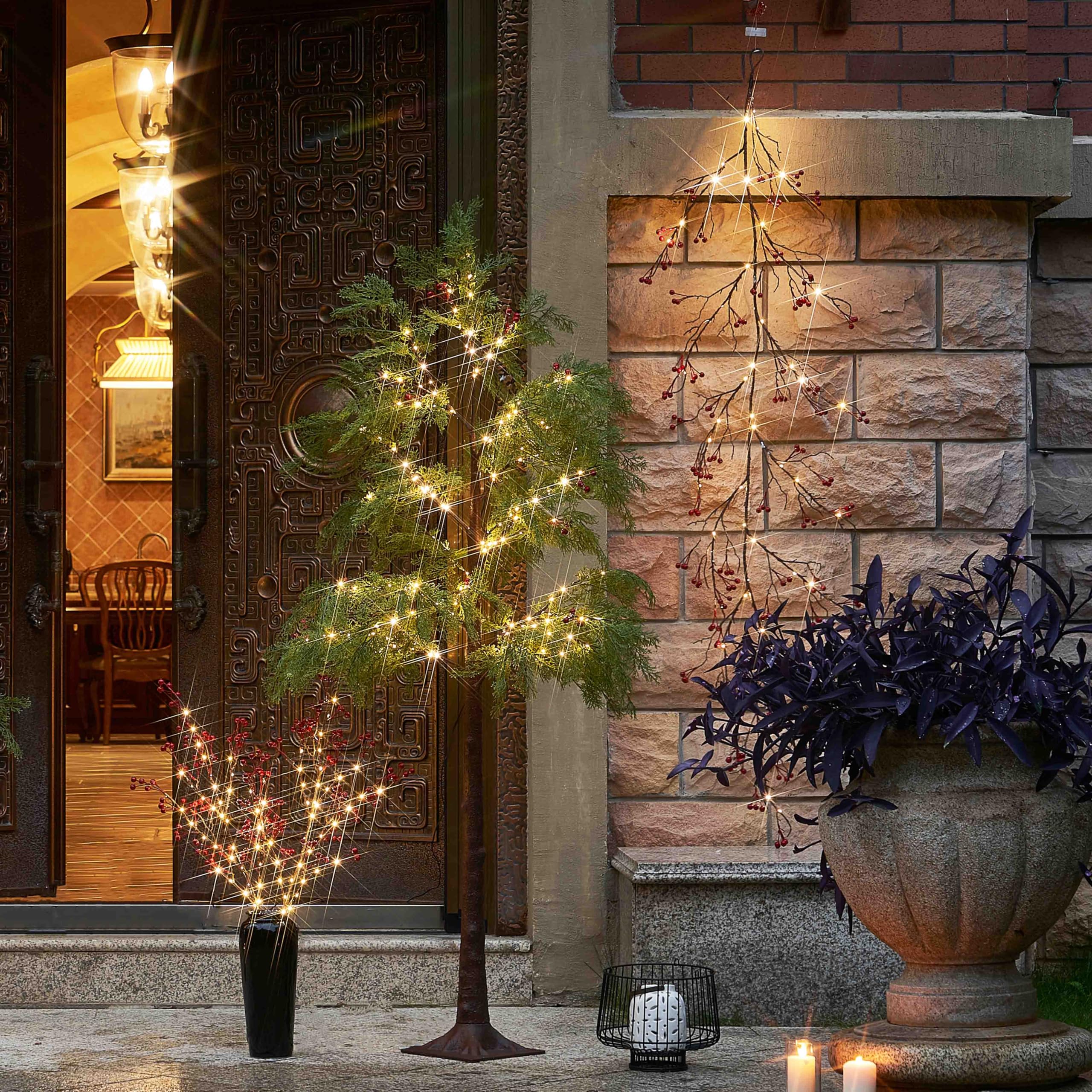 Litbloom Lighted Red Berry Branches 80 Led Fairy Lights With Timer, Twig Branches With Lights 32In Battery Operated And Usb Plug In For Home Fireplace Christmas Decoration