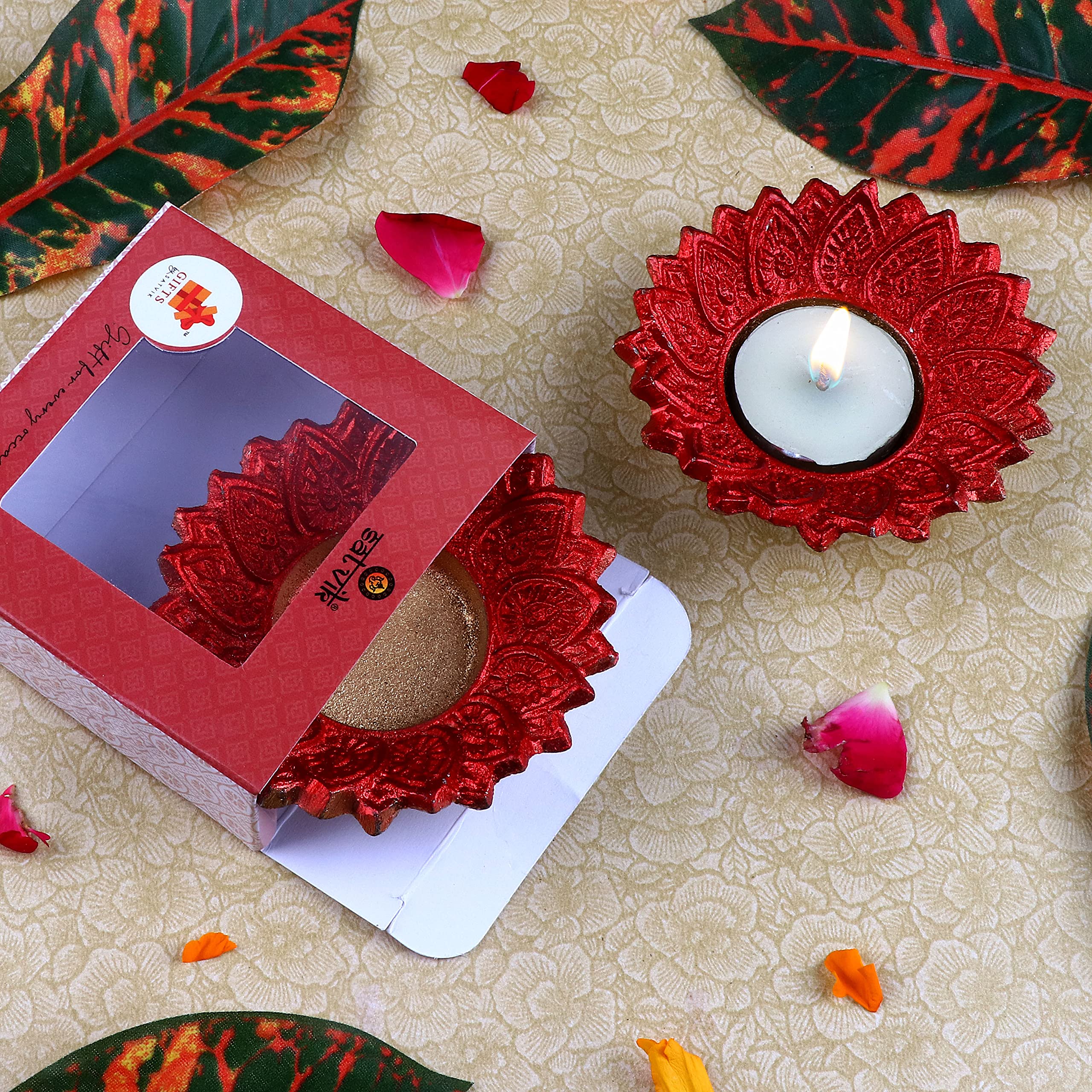 Satvik 2 Pc Chandrarupa Diya Floral Red Lotus Flower Shape Candle Tea Light Holder Oil Lamp Diwali Indian Indoor Home Mandir Pujan Pooja Office Temple Decor Dia Housewarming Return Gift Items