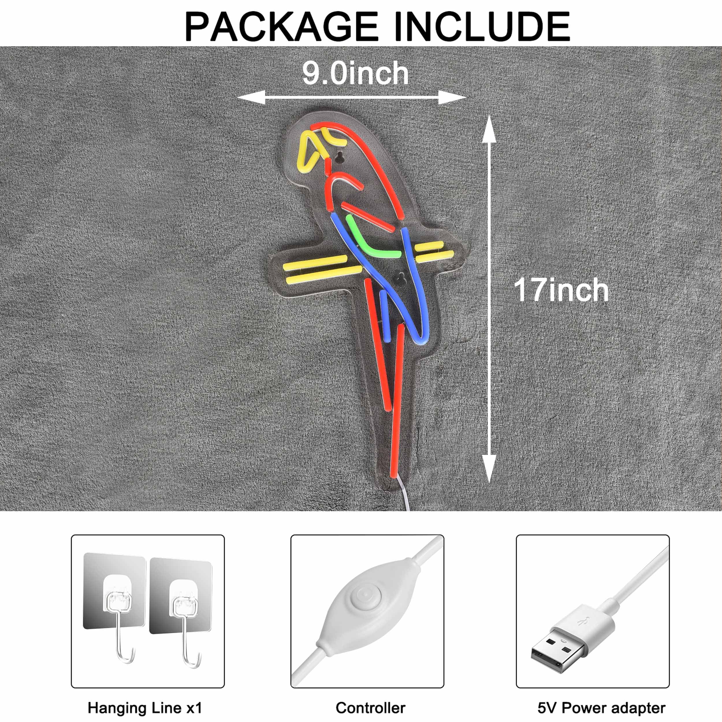 Roouneon Led Neon Wall Sign - Colorful Parrot Art, Usb Powered Acrylic Décor Light