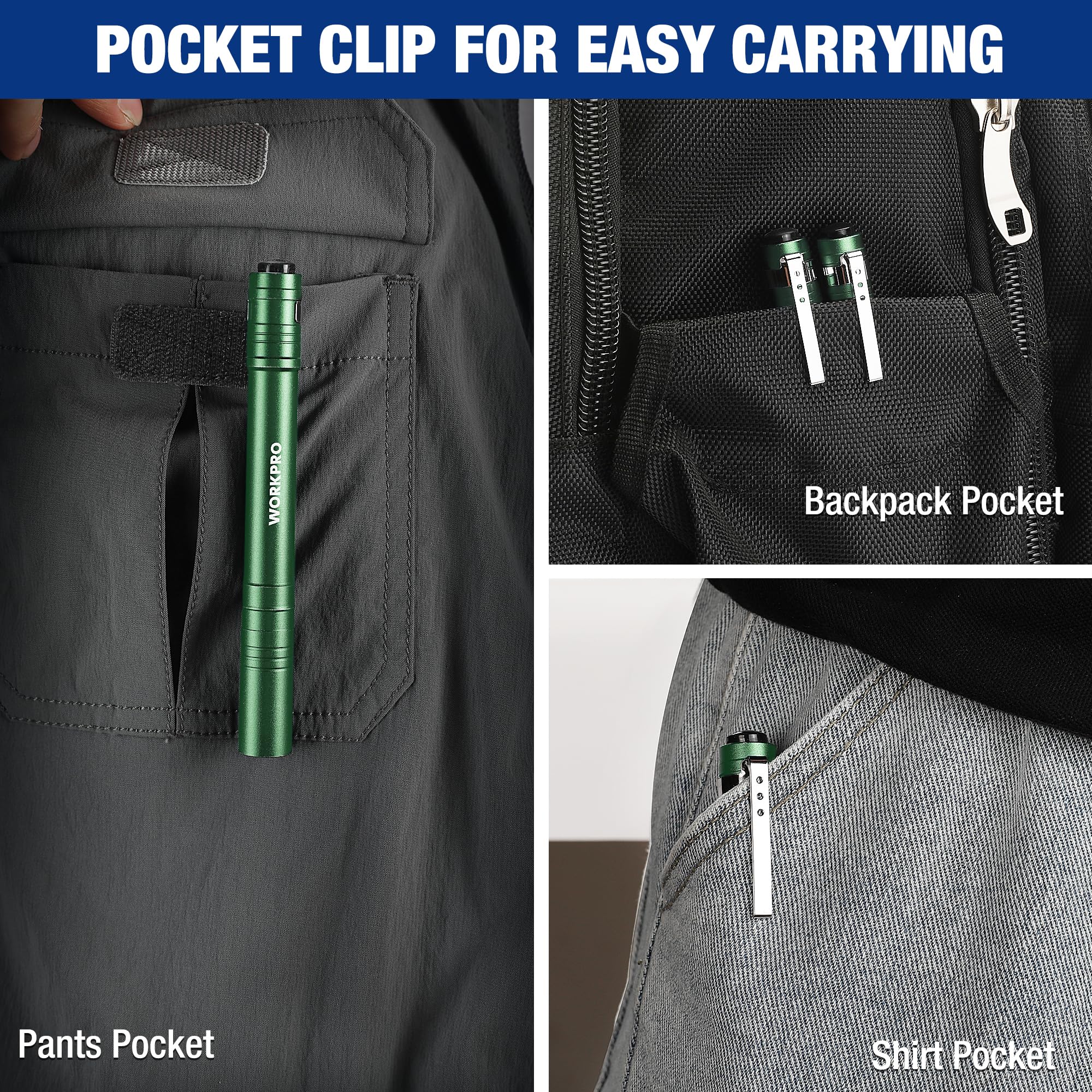 Workpro Led Pen Light, Aluminum Pen Flashlights, Pocket Flashlight With Clip For Inspection, Emergency, Everyday, 2Aaa Batteries Include, Green(4-Pack)