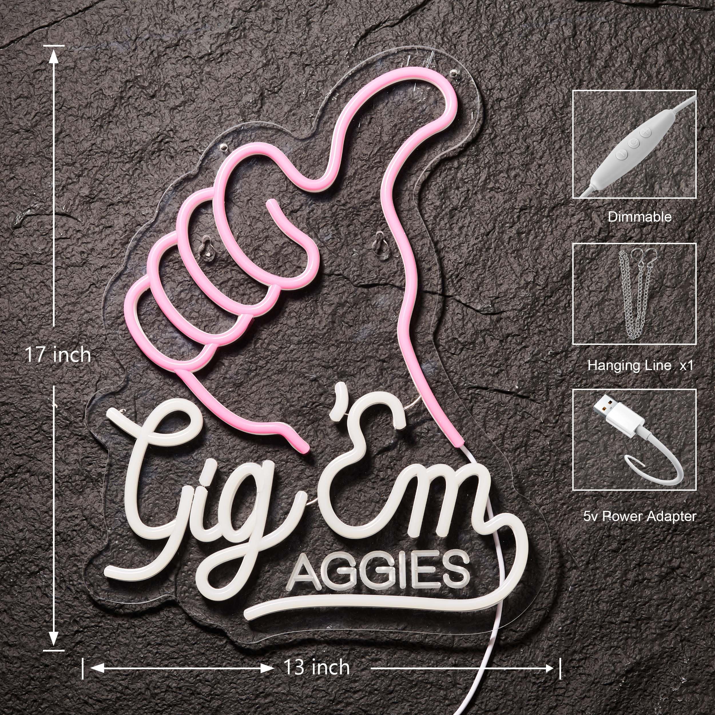 ZODZ Neon Sign for Wall Décor - Howdy Texas Aggies - Dimmable LED Light, 17 x 13 inches, Pink+White Acrylic